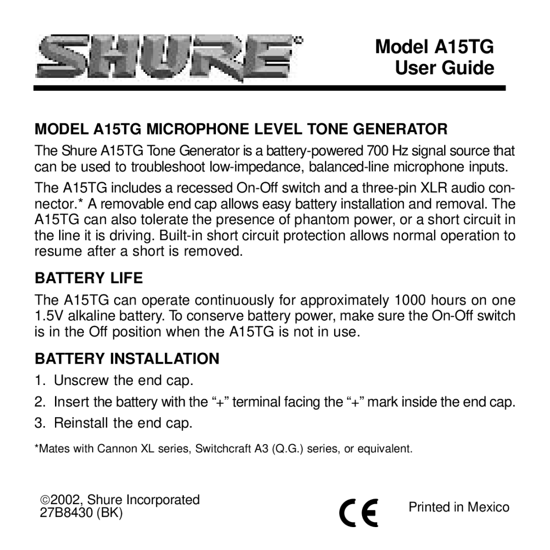 Shure manual Model A15TG Microphone Level Tone Generator, Battery Life, Battery Installation 