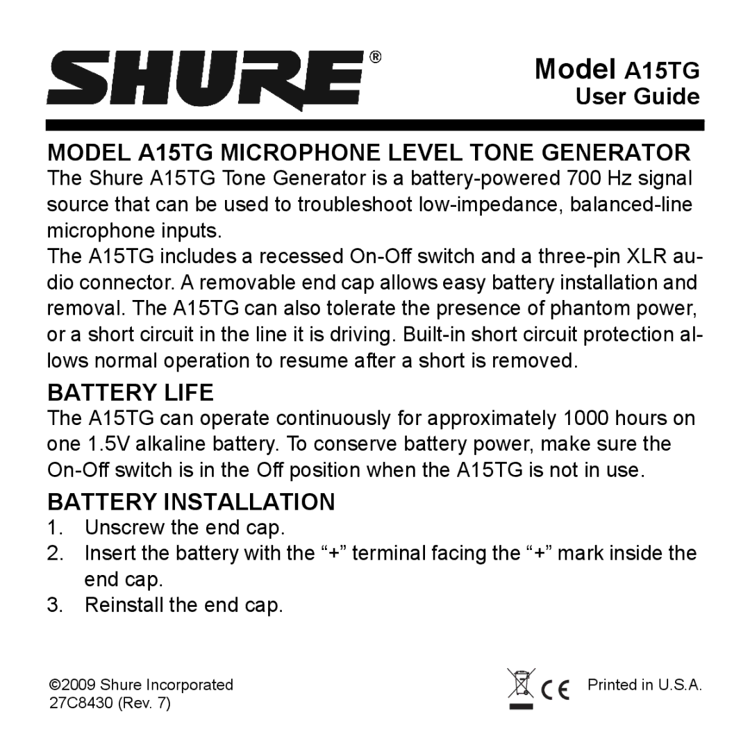 Shure manual Model A15TG Microphone Level Tone Generator, Battery Life, Battery Installation 