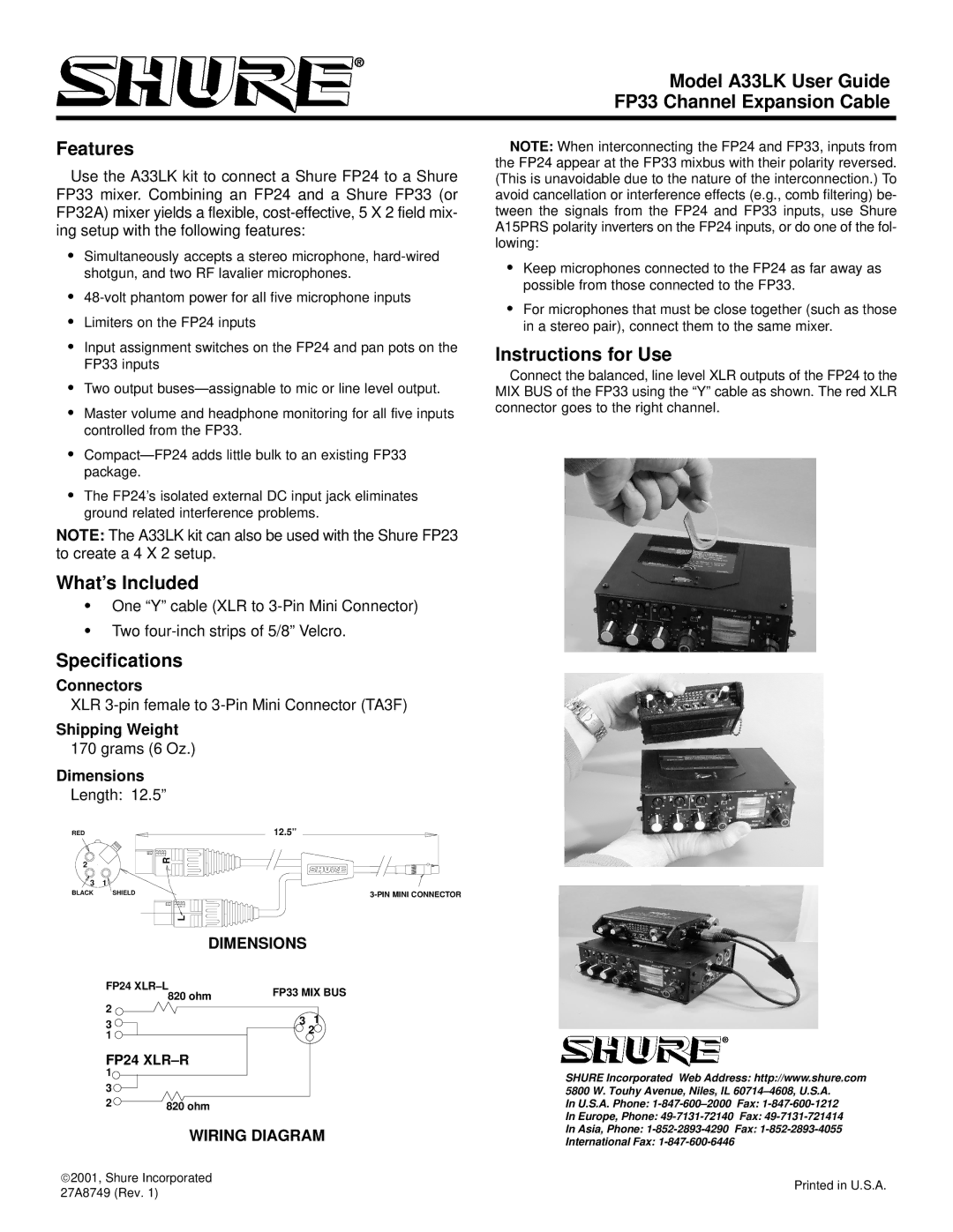 Shure A33LK specifications What’s Included, Specifications, Instructions for Use, Dimensions, Wiring Diagram 