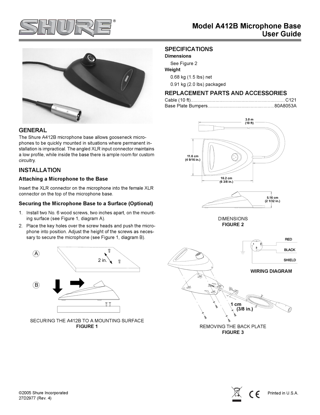 Shure A412B specifications General, Installation, Specifications, Replacement Parts and Accessories 