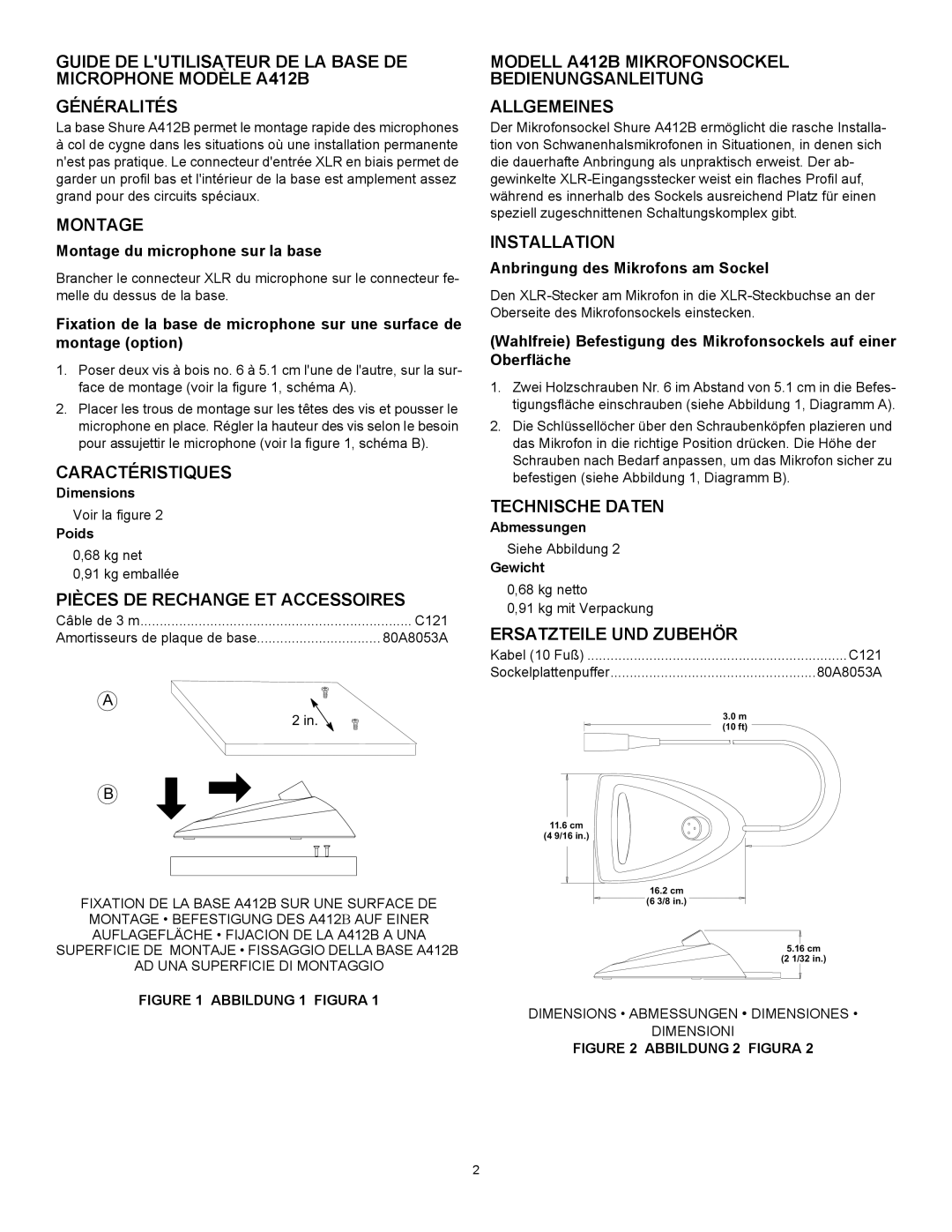 Shure A412B Montage, Caractéristiques, Pièces DE Rechange ET Accessoires, Technische Daten, Ersatzteile UND Zubehör 