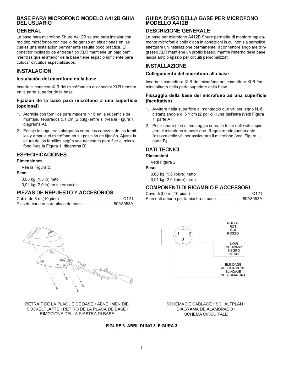 Shure Base Para Microfono Modelo A412B Guia DEL Usuario General, Instalacion, Especificaciones, Installazione 