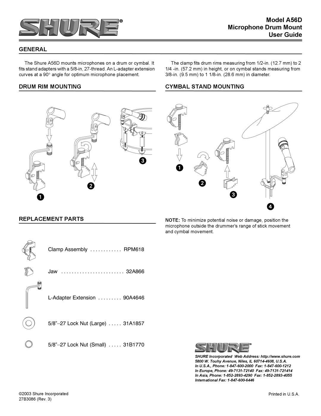 Shure manual Model A56D Microphone Drum Mount User Guide, General, Drum RIM Mounting, Replacement Parts 