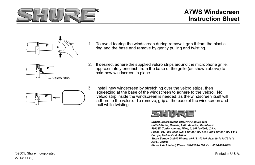 Shure instruction sheet A7WS Windscreen Instruction Sheet 