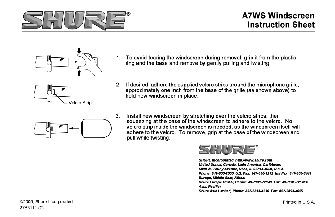 Shure instruction sheet A7WS Windscreen Instruction Sheet 