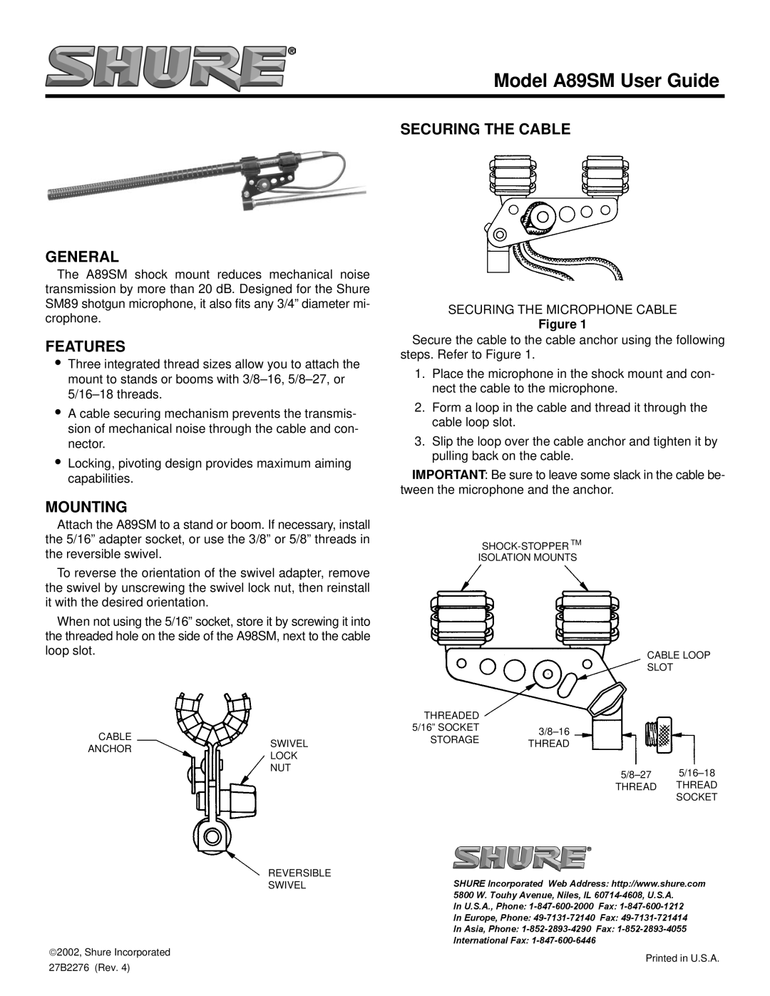 Shure manual Model A89SM User Guide, General, Features, Mounting, Securing the Cable 