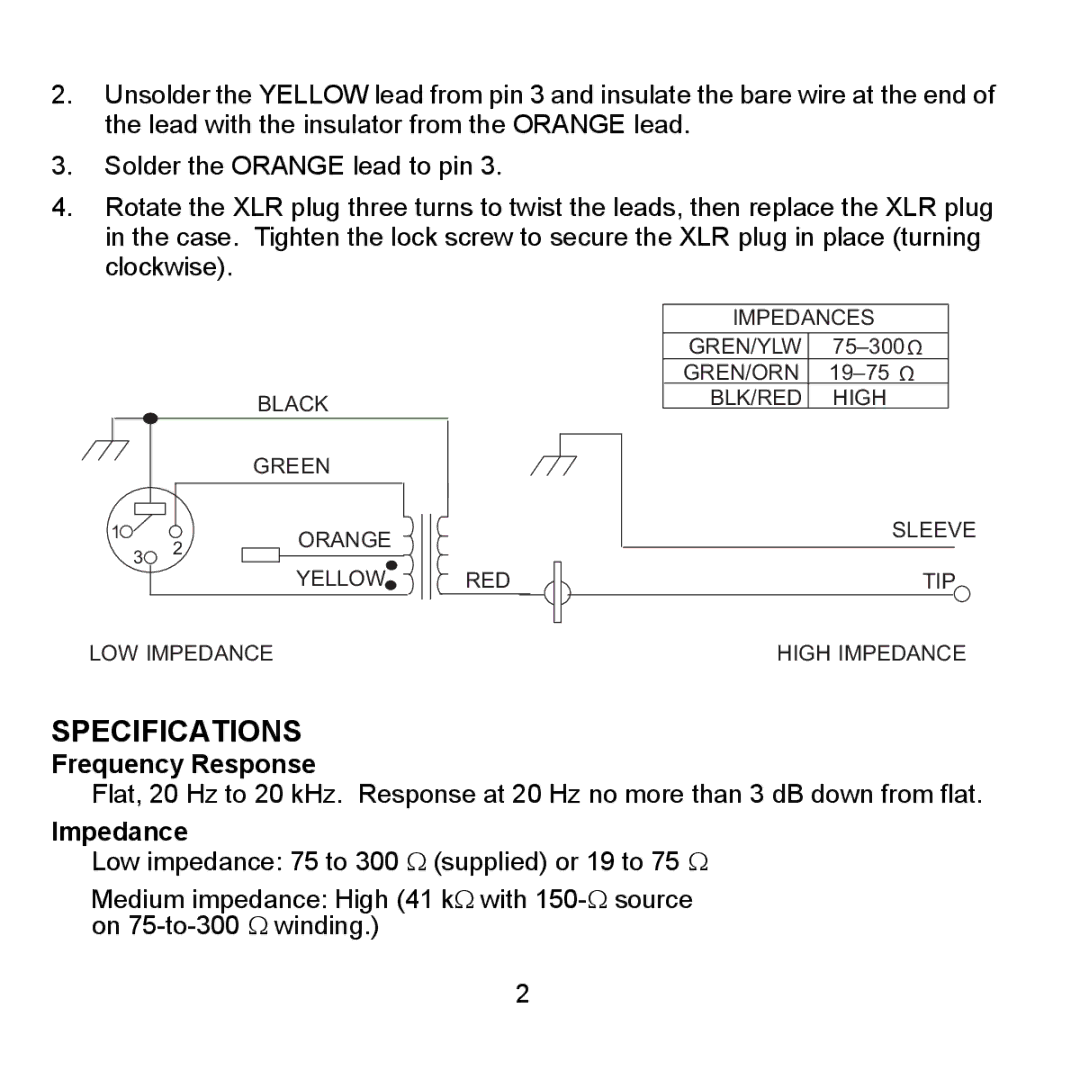 Shure A95U dimensions Specifications, Impedance 