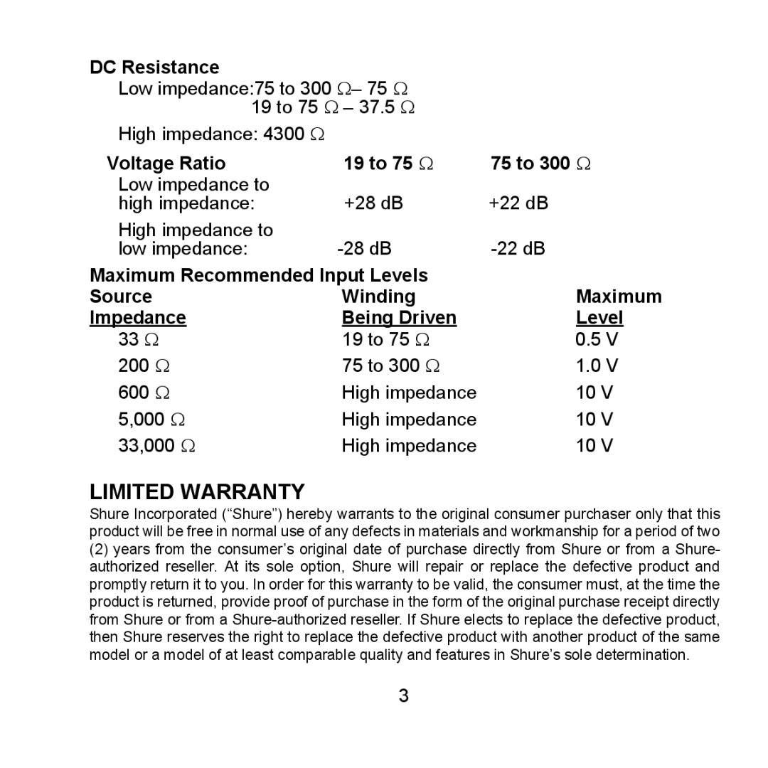 Shure A95U dimensions Limited Warranty 