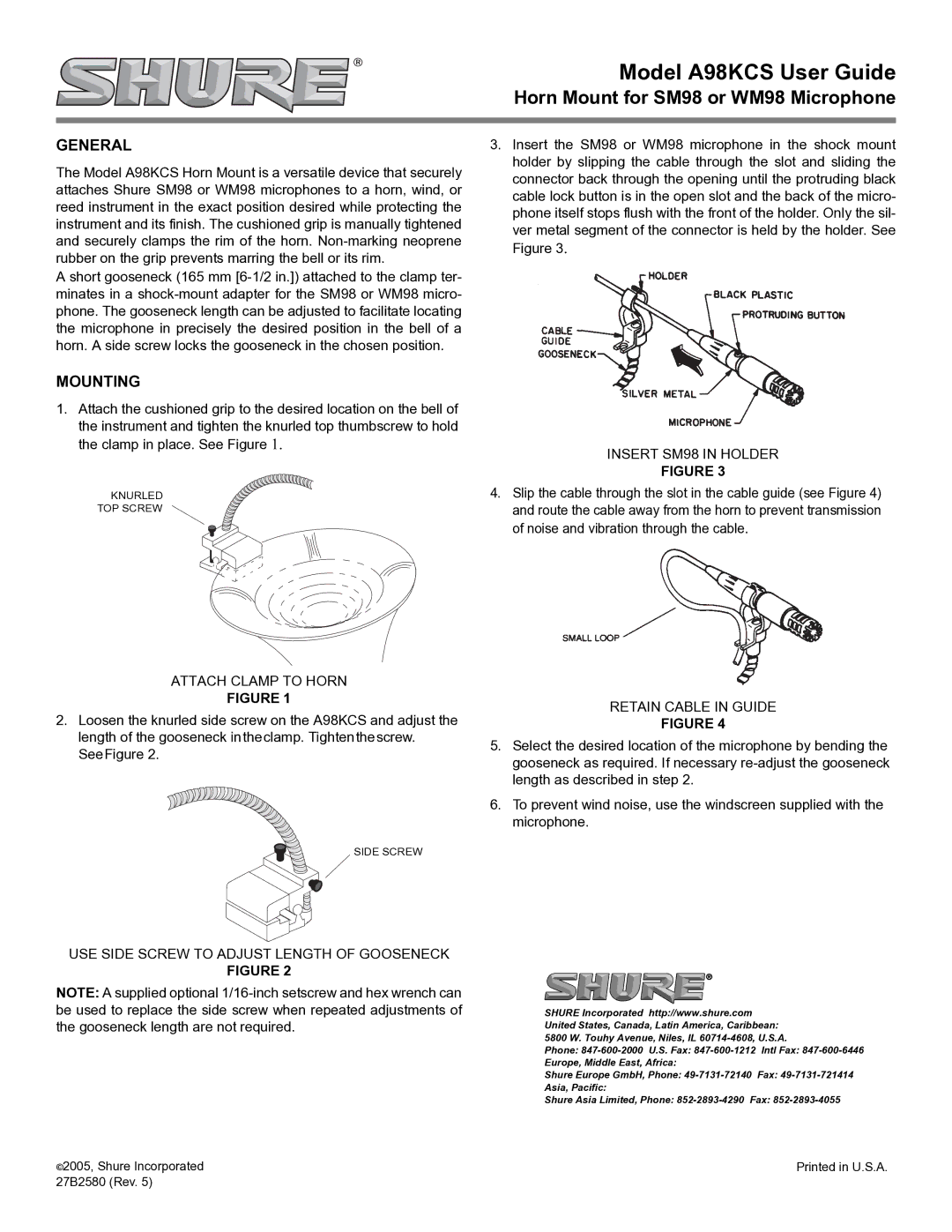 Shure manual Model A98KCS User Guide, Horn Mount for SM98 or WM98 Microphone, General, Mounting 