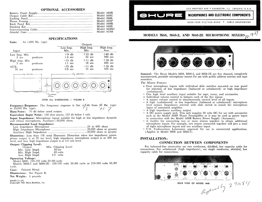 Shure A68S specifications Optional Accessories, Specifications, MODELS M68, M68-2, AM M68-2E MICROPHONE MIXERS lk I?*? 