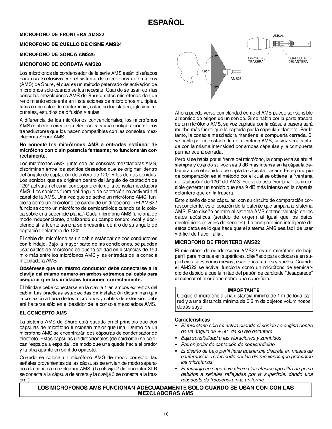 Shure AMS24, AMS26, AMS28 manual Español, EL Concepto AMS, Microfono DE Frontero AMS22, Importante, Características 