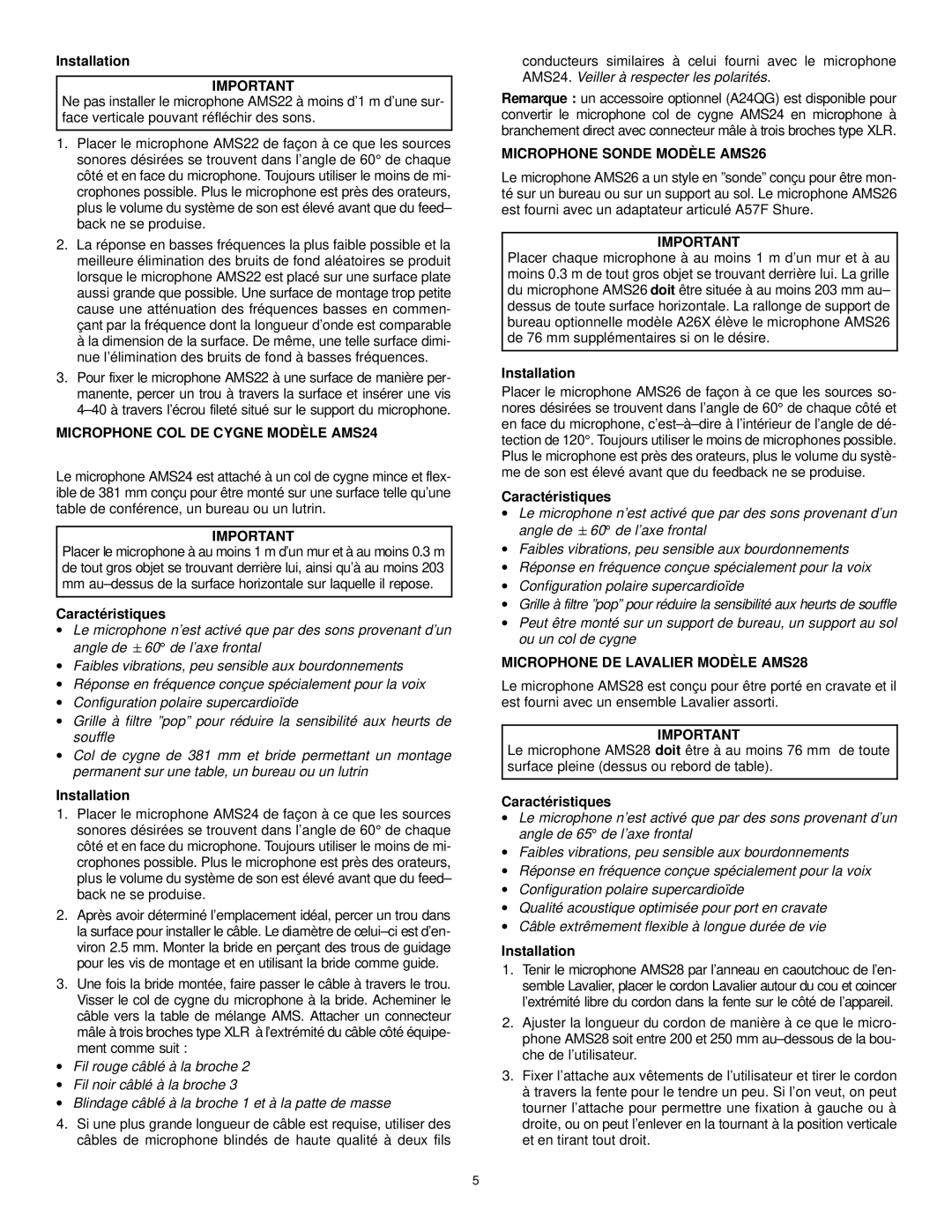 Shure AMS28, AMS22 manual Installation, Microphone COL DE Cygne Modèle AMS24, Microphone Sonde Modèle AMS26 