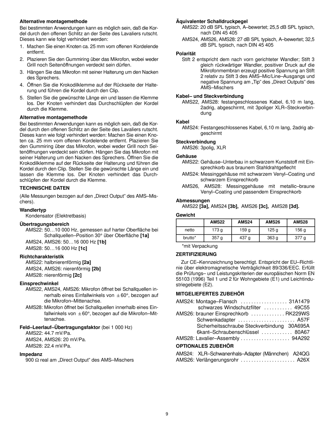 Shure AMS28, AMS26, AMS24, AMS22 manual Technische Daten, Zertifizierung, Mitgeliefertes Zubehör, Optionales Zubehör 