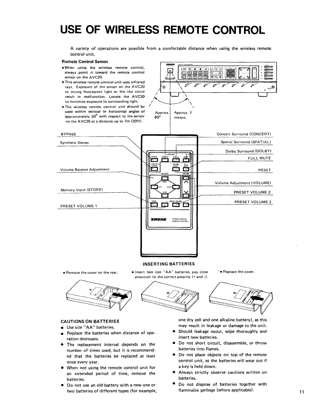 Shure AVC20 owner manual USE of Wireless Remote Control, Inserting Batteries 