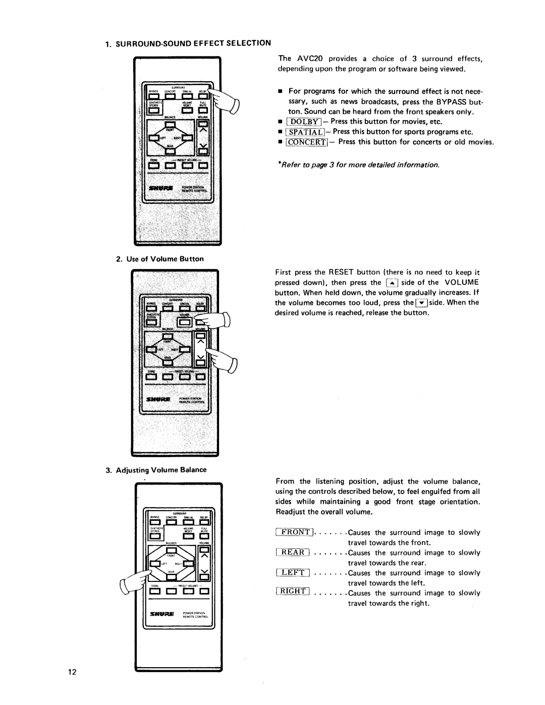 Shure AVC20 owner manual SURROUND-SOUNDEFFECT Selection, Refer to page 3 for more detailed information 