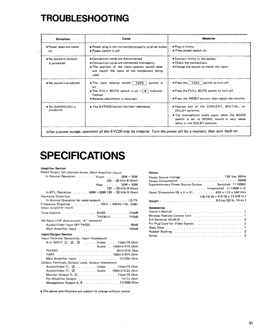 Shure AVC20 owner manual Specifications 