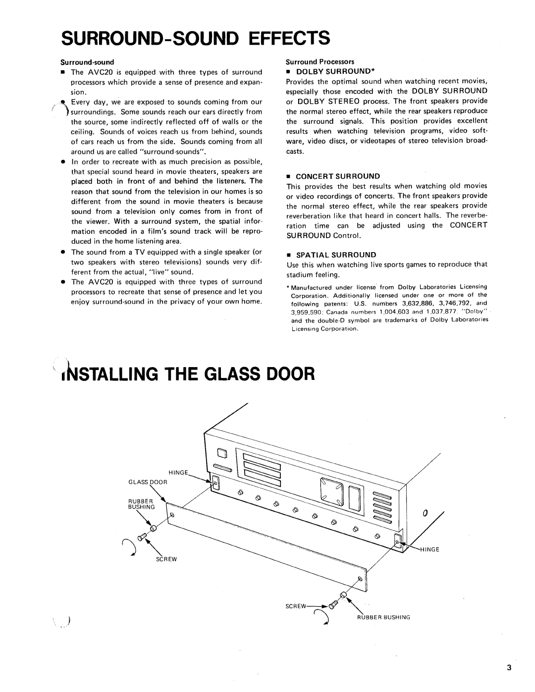 Shure AVC20 owner manual = Dolby Surround, Concert Surround, Spatial Surround 