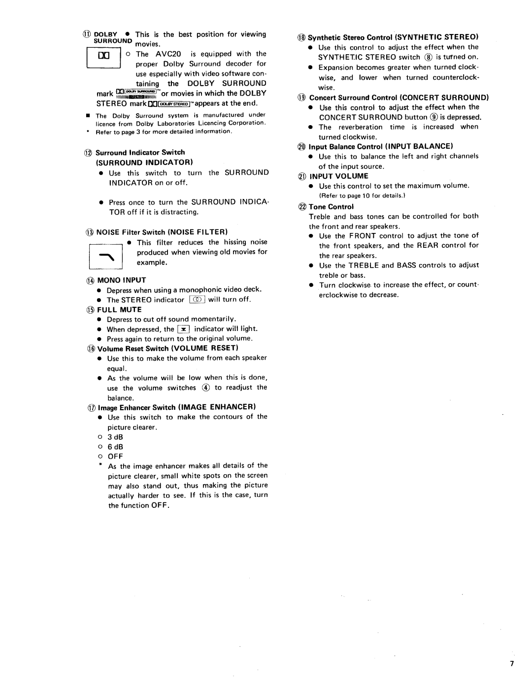 Shure AVC20 owner manual Surround Indicator, Mono Input, @ Full Mute, Off, @ Input Volume 