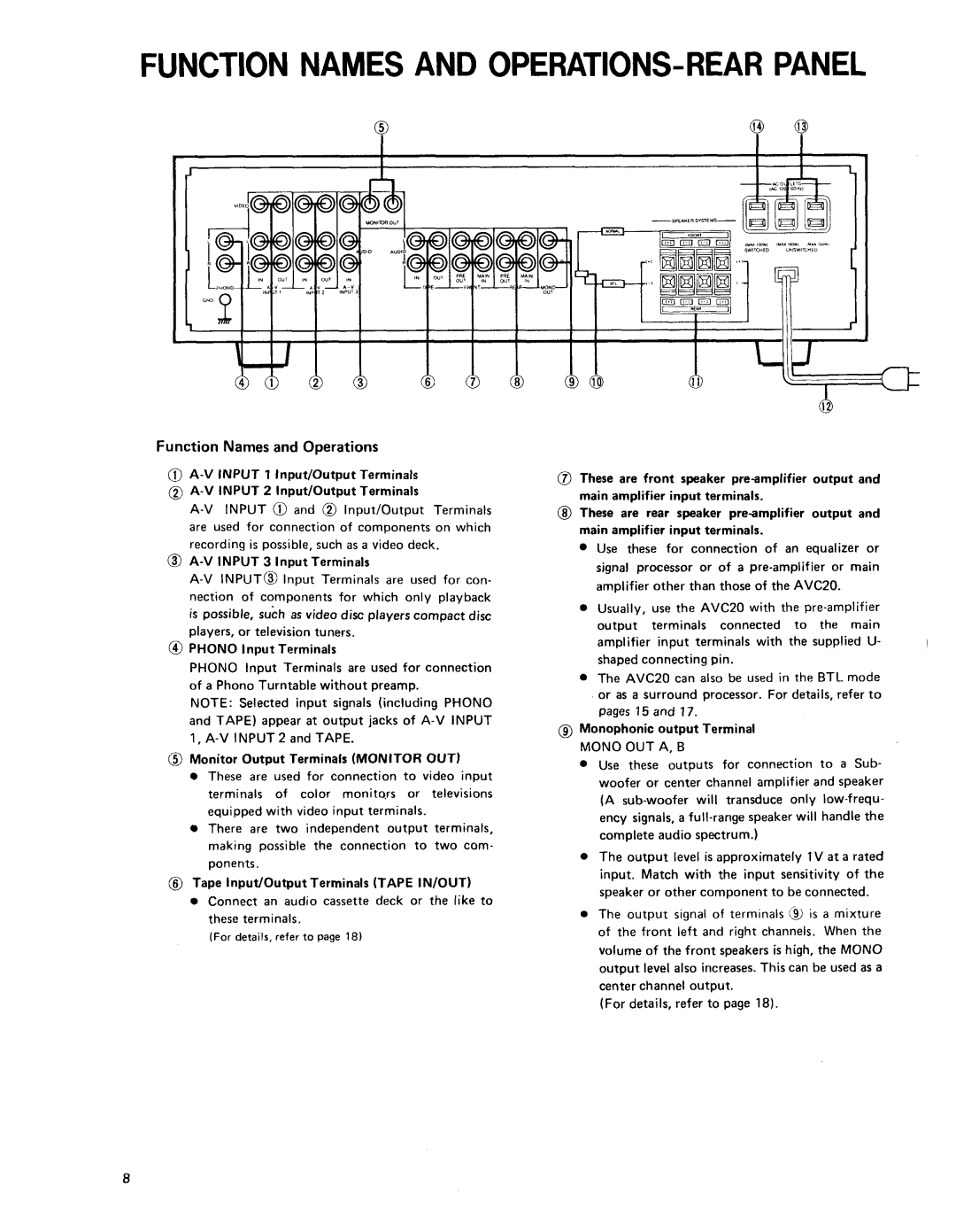 Shure AVC20 owner manual Function Names and OPERATIONS-REAR Panel, Mono OUT A, B 