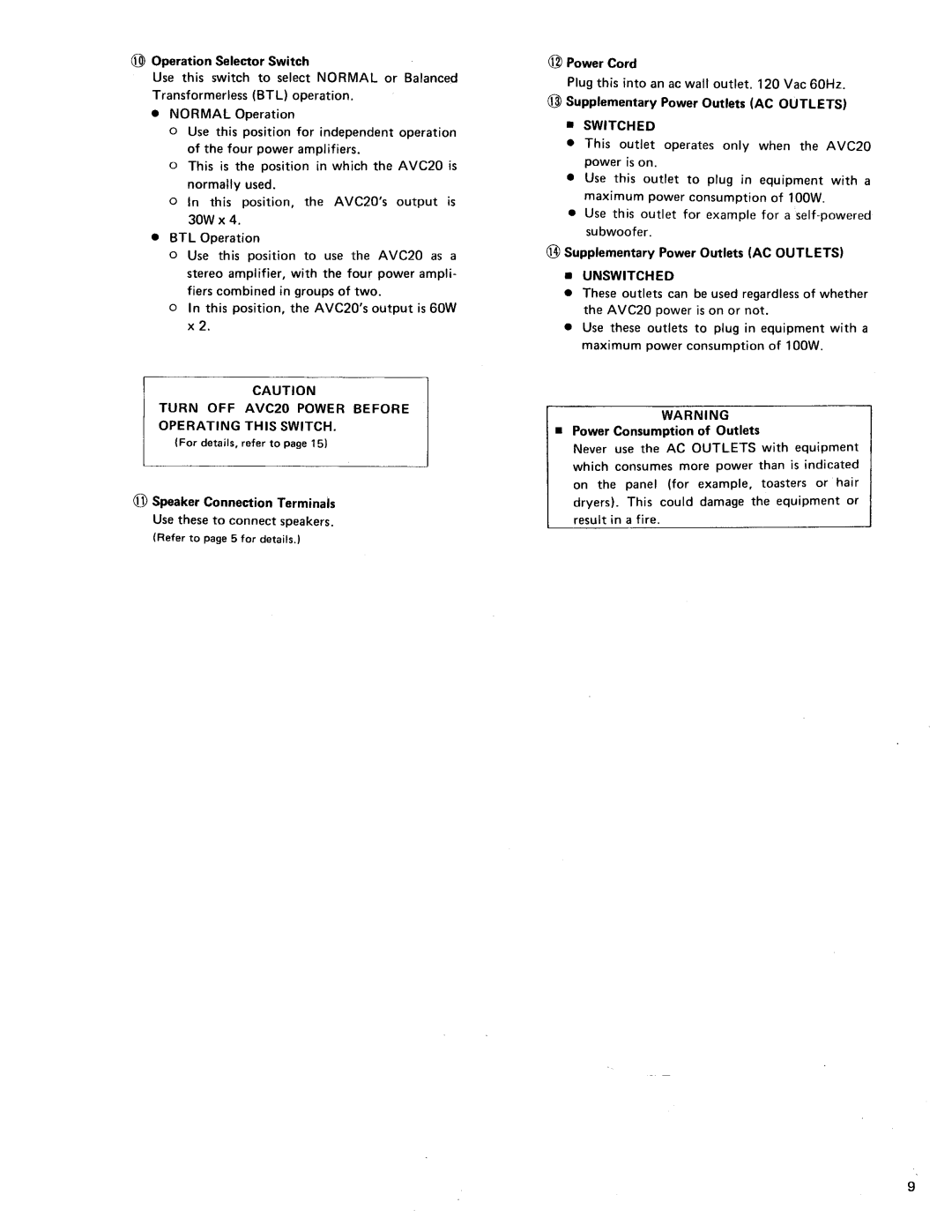 Shure AVC20 owner manual Turn OFF AVC2O Power Before Operating this Switch, Switched, Unswitched 