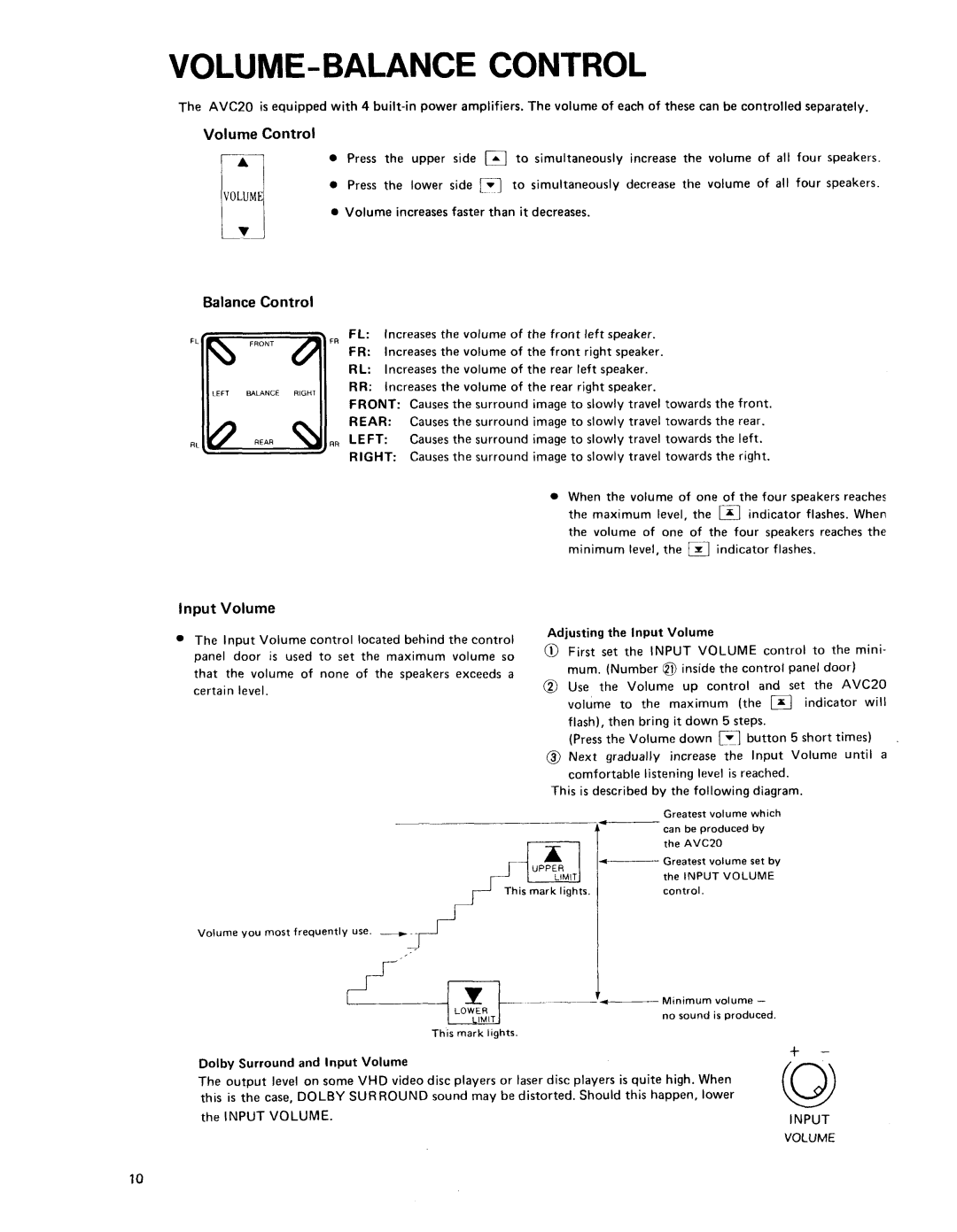 Shure AVC20 owner manual Volume-Balancecontrol, Volume Control, Balance Control, lnput Volume 