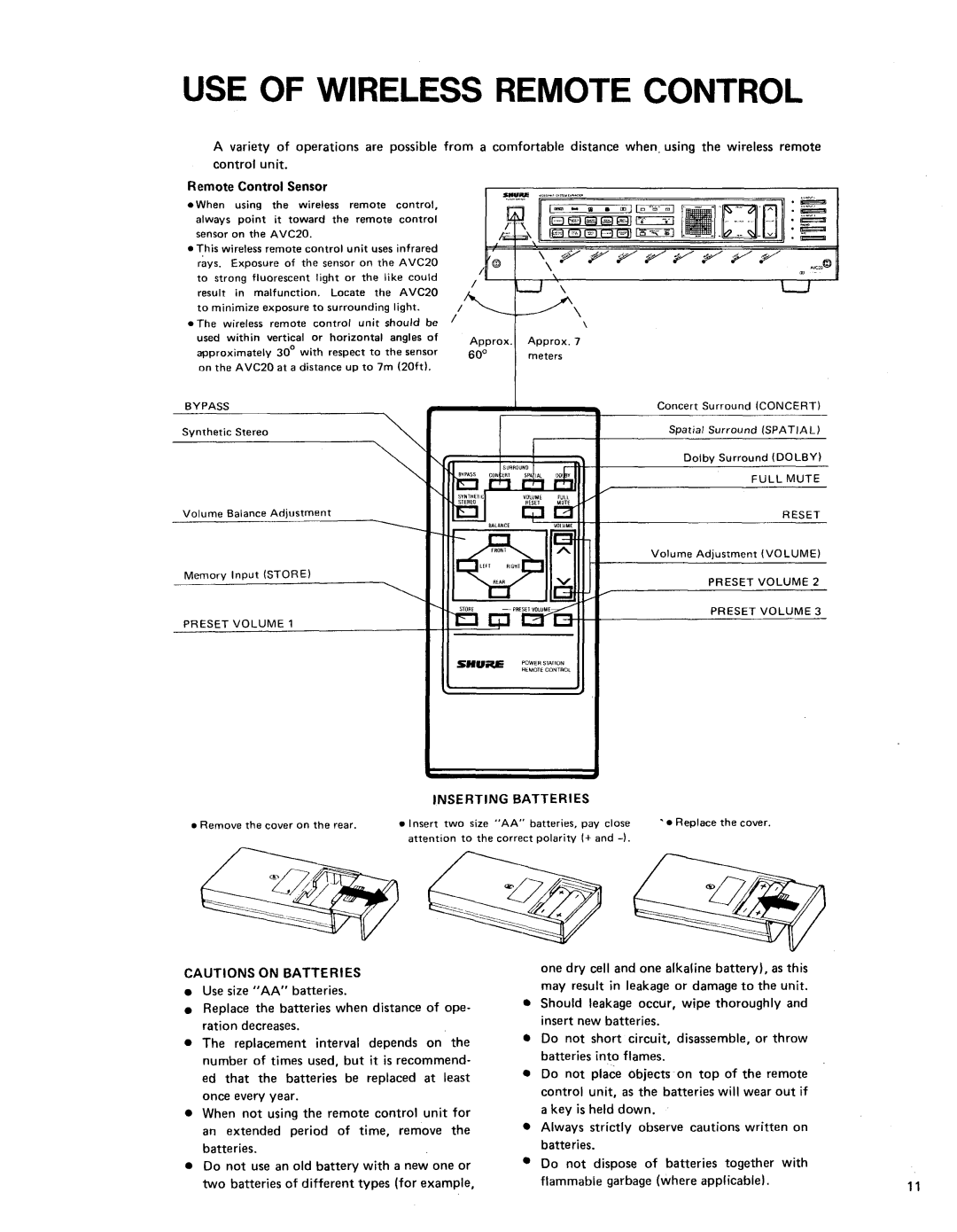 Shure AVC20 owner manual Use Of Wireless Remote Control 