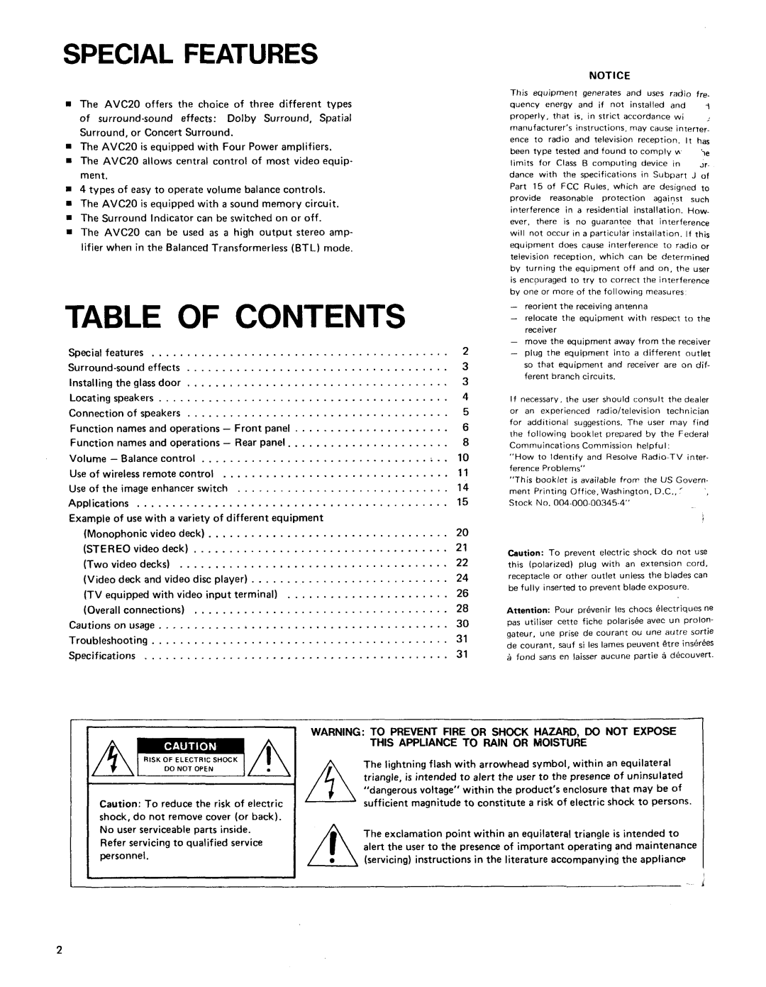 Shure AVC20 owner manual Table Of Contents 