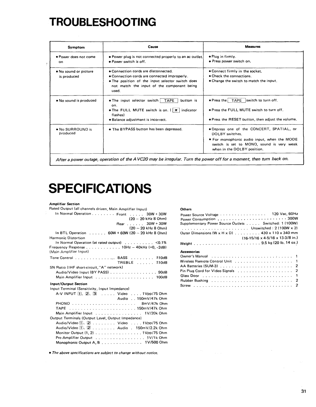 Shure AVC20 owner manual Specifications, 0.1%, AlOdB, 90dB, lOOdB, Power source Voltage 