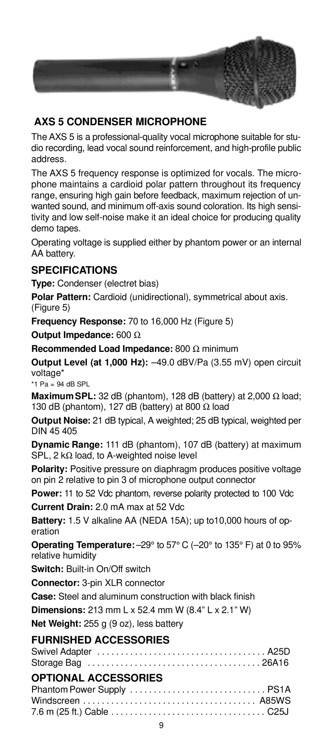 Shure AXS1 manual AXS 5 Condenser Microphone 