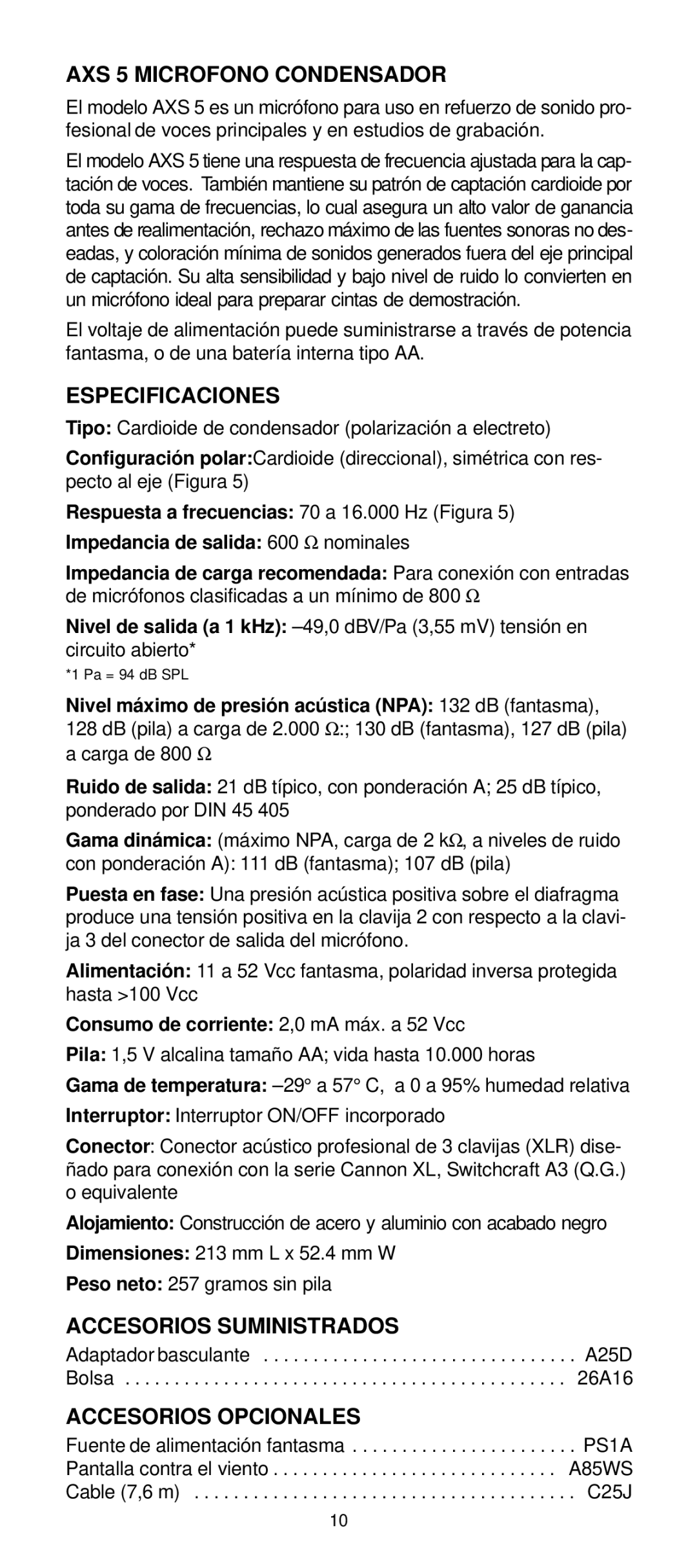 Shure AXS1 manual AXS 5 Microfono Condensador 