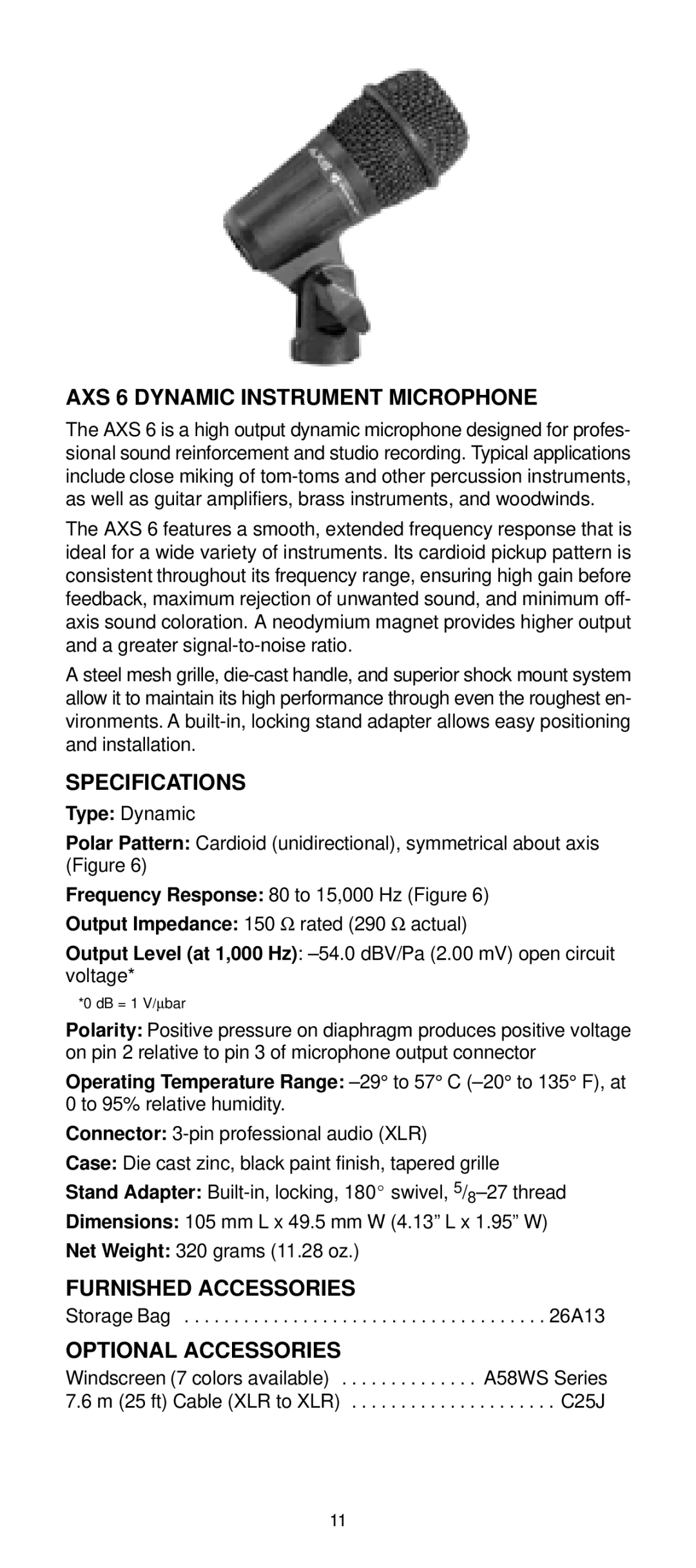 Shure AXS1 manual AXS 6 Dynamic Instrument Microphone 