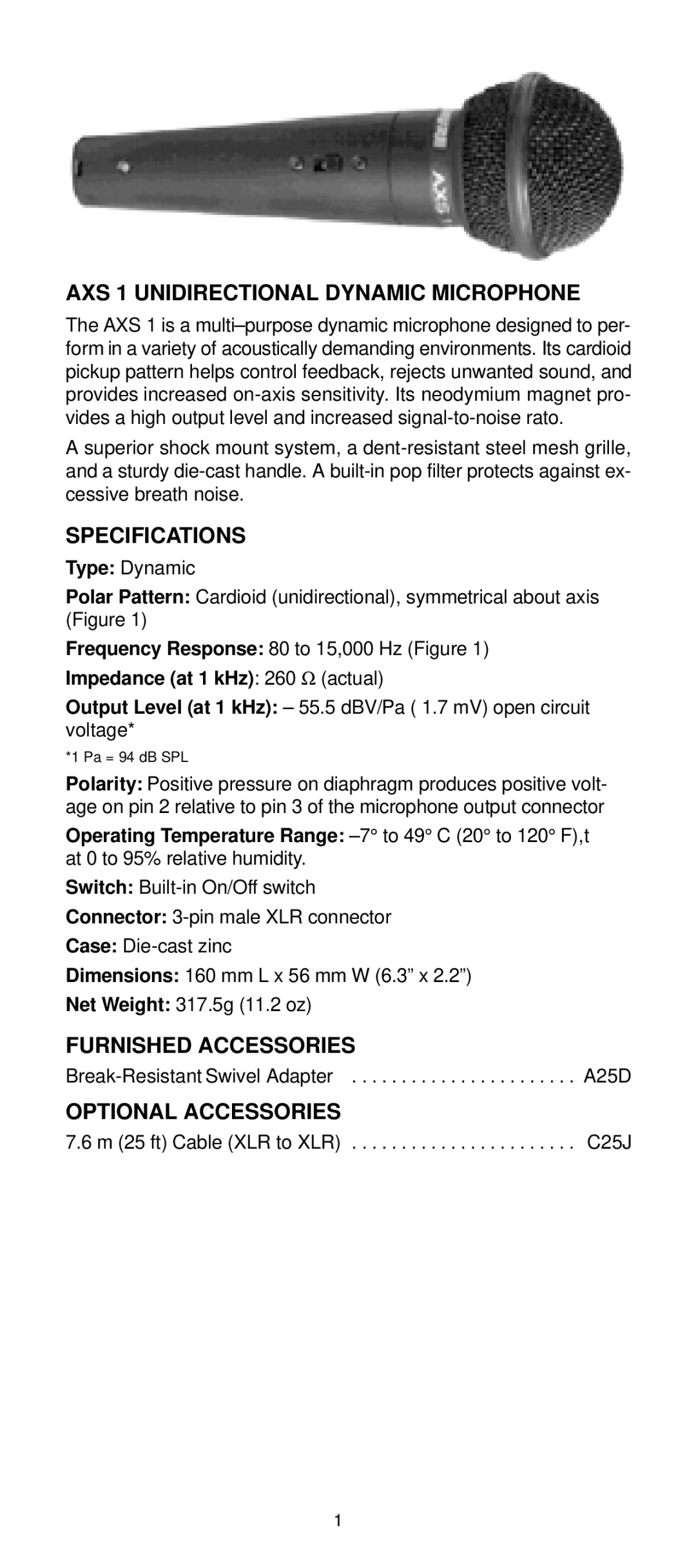 Shure AXS1 manual AXS 1 Unidirectional Dynamic Microphone, Specifications, Furnished Accessories, Optional Accessories 