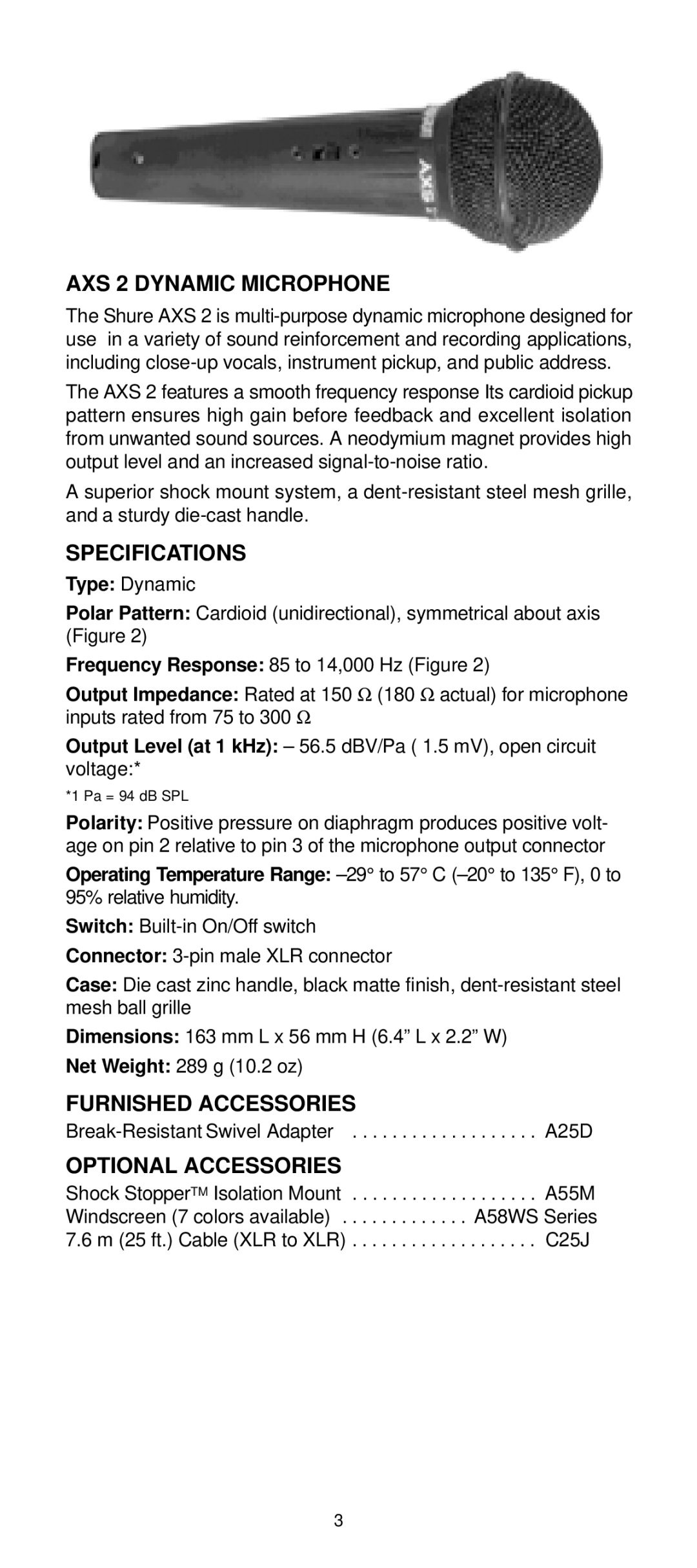 Shure AXS1 manual AXS 2 Dynamic Microphone 