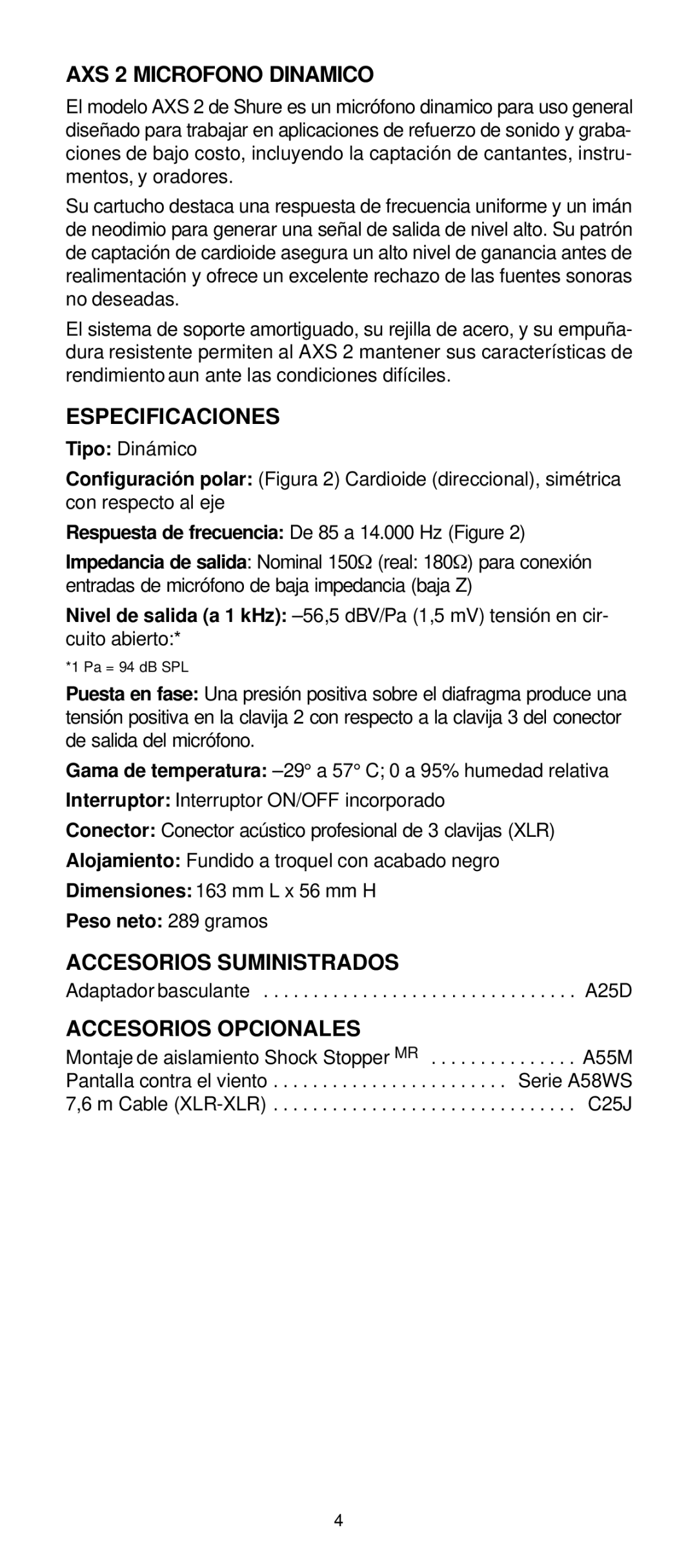 Shure AXS1 manual AXS 2 Microfono Dinamico 