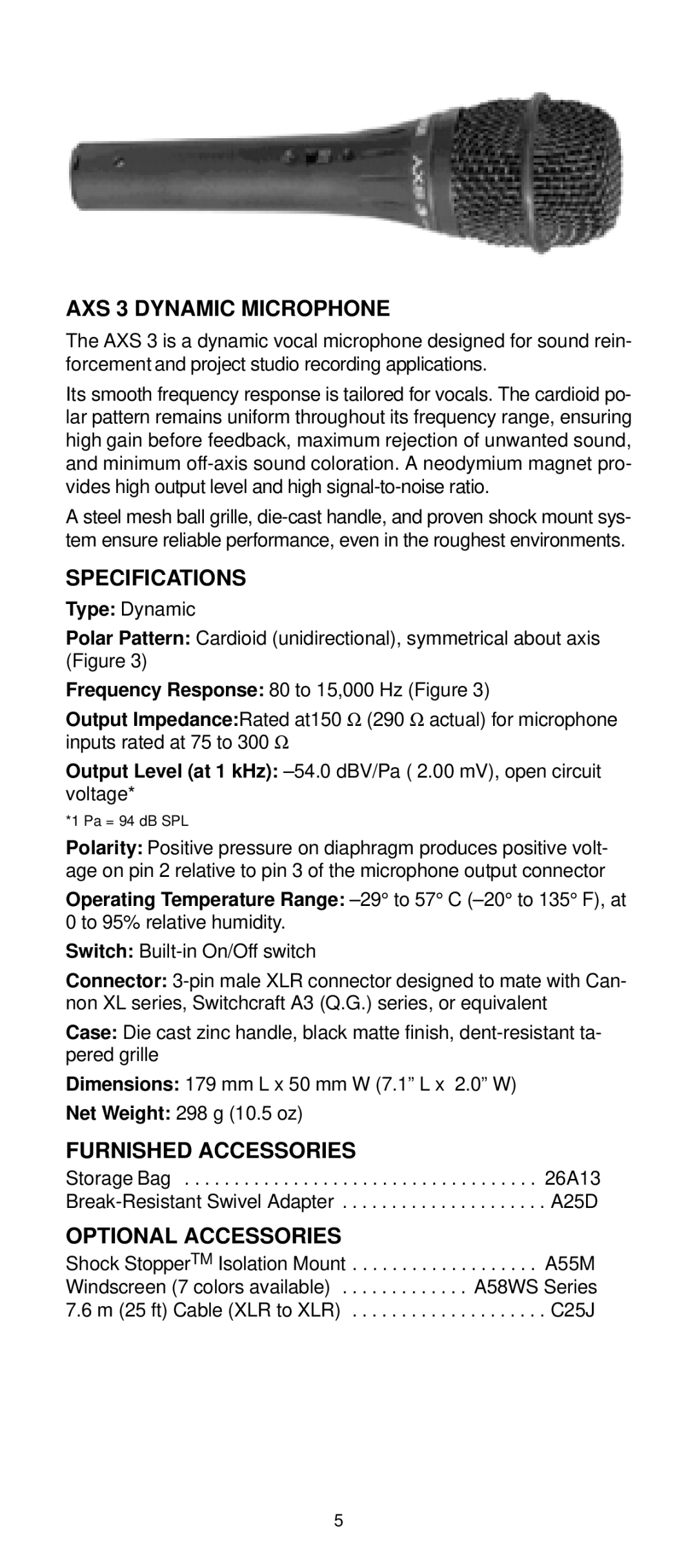 Shure AXS1 manual AXS 3 Dynamic Microphone 