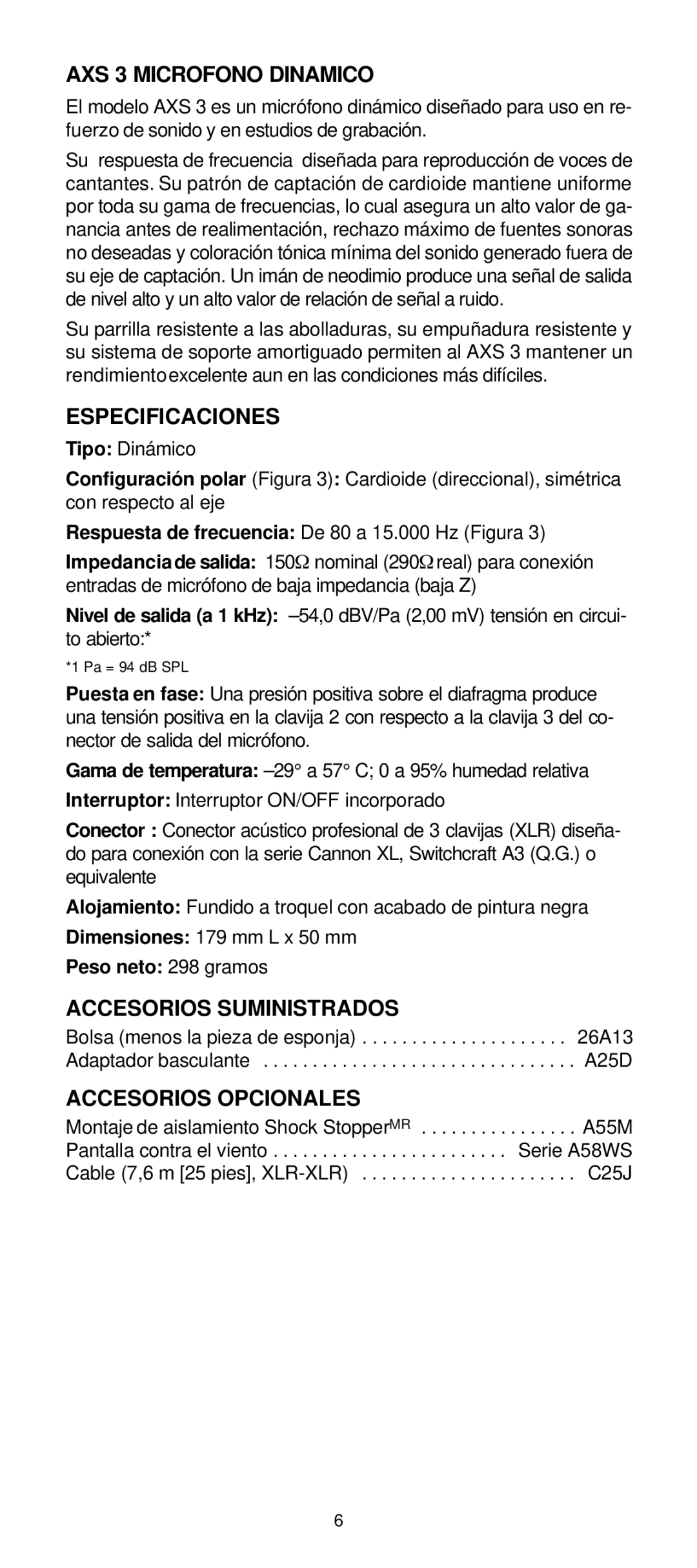 Shure AXS1 manual AXS 3 Microfono Dinamico 