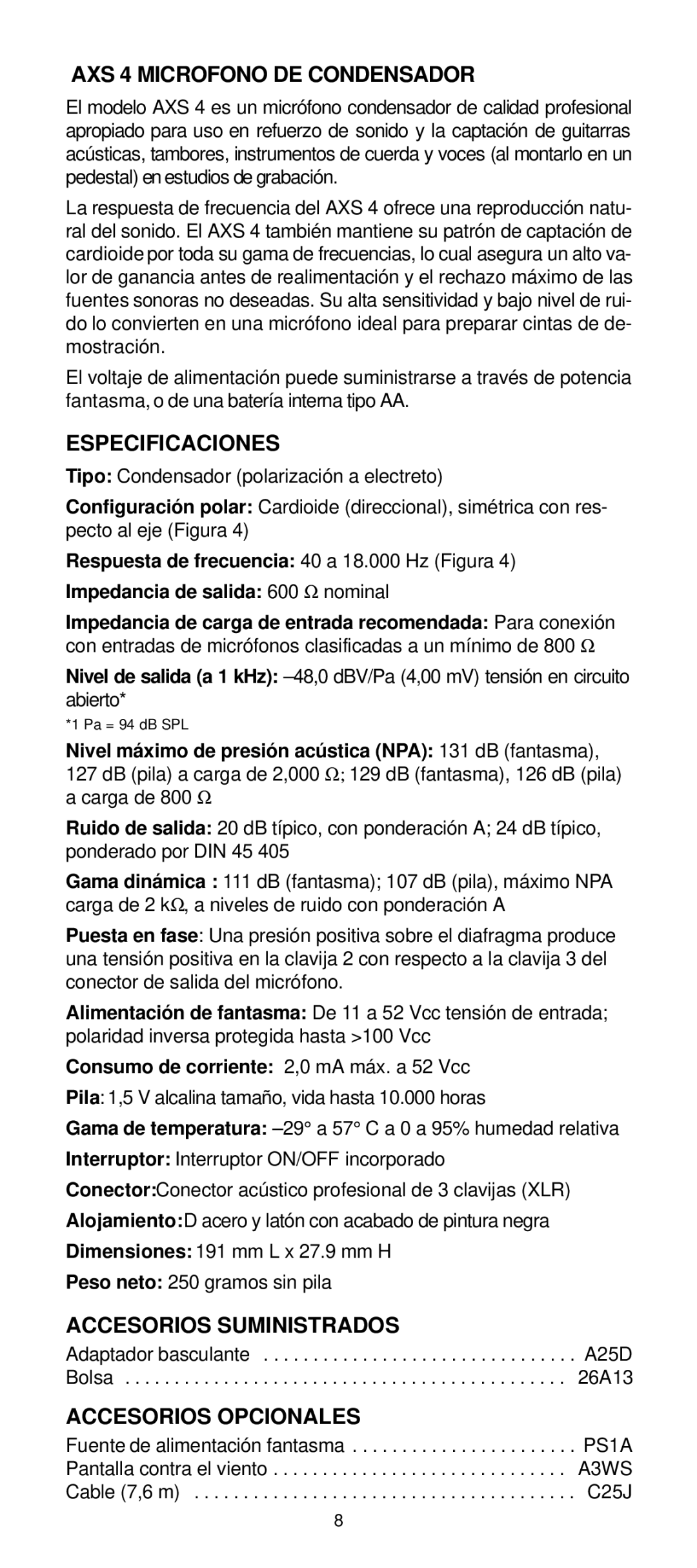 Shure AXS1 manual AXS 4 Microfono DE Condensador 