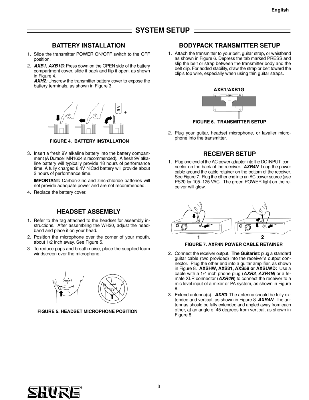 Shure AXS58, AXS31 System Setup, Battery Installation, Receiver Setup, Headset Assembly, Bodypack Transmitter Setup 