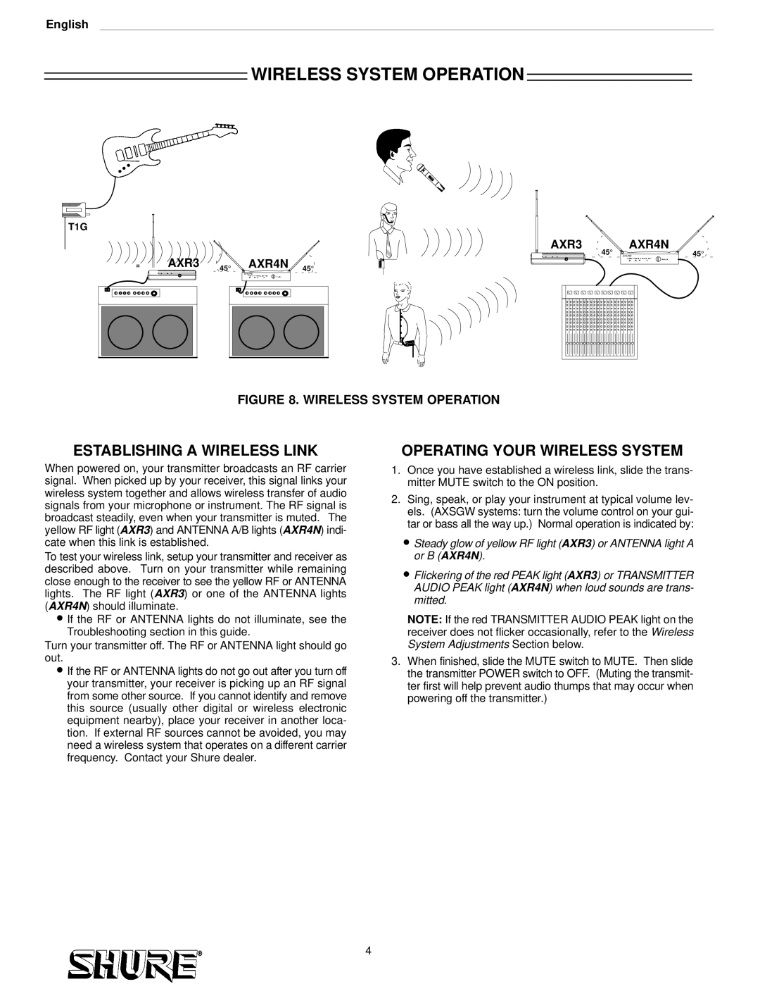 Shure AXS31, AXS58 setup guide Establishing a Wireless Link, Operating Your Wireless System, AXR3 AXR4N 