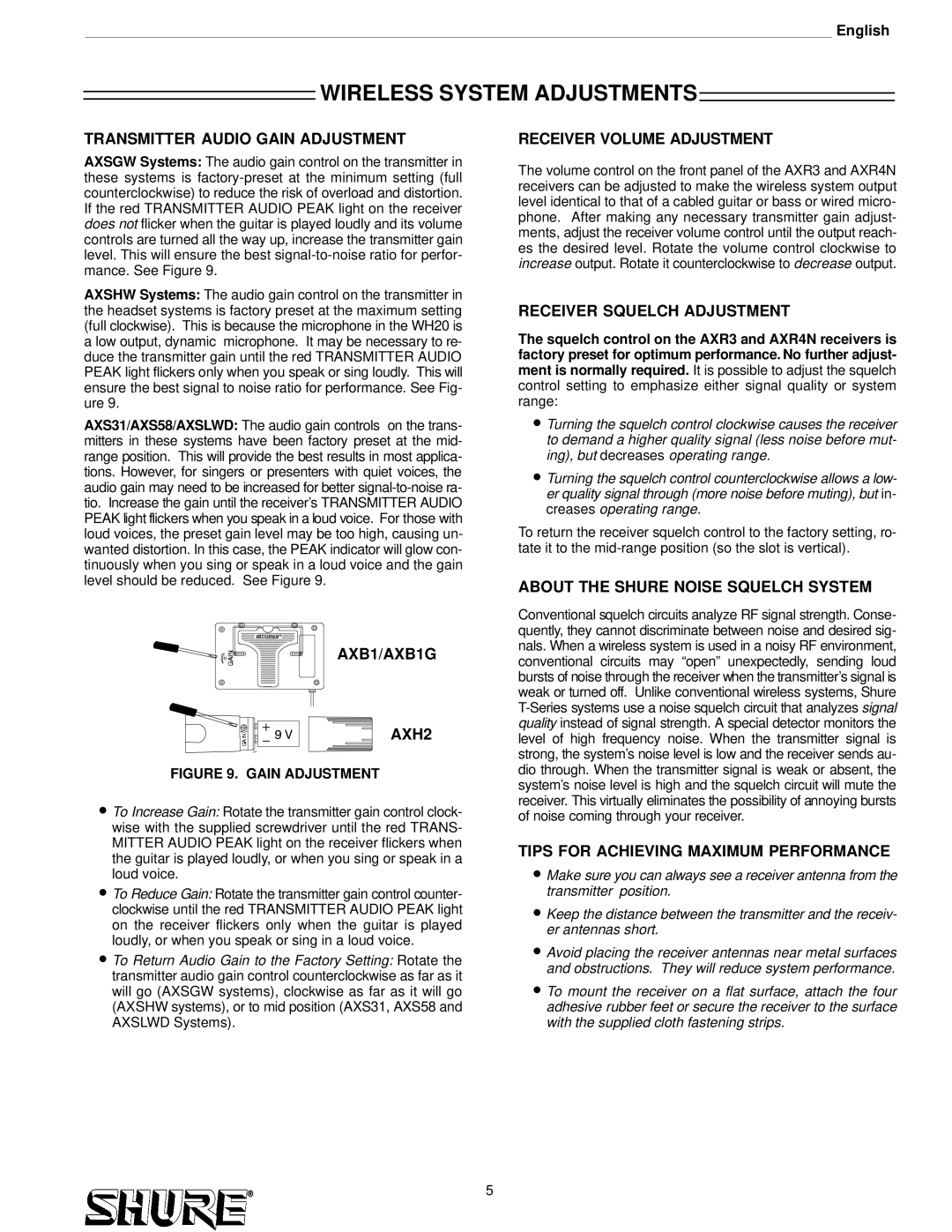 Shure AXS58, AXS31 setup guide Wireless System Adjustments 