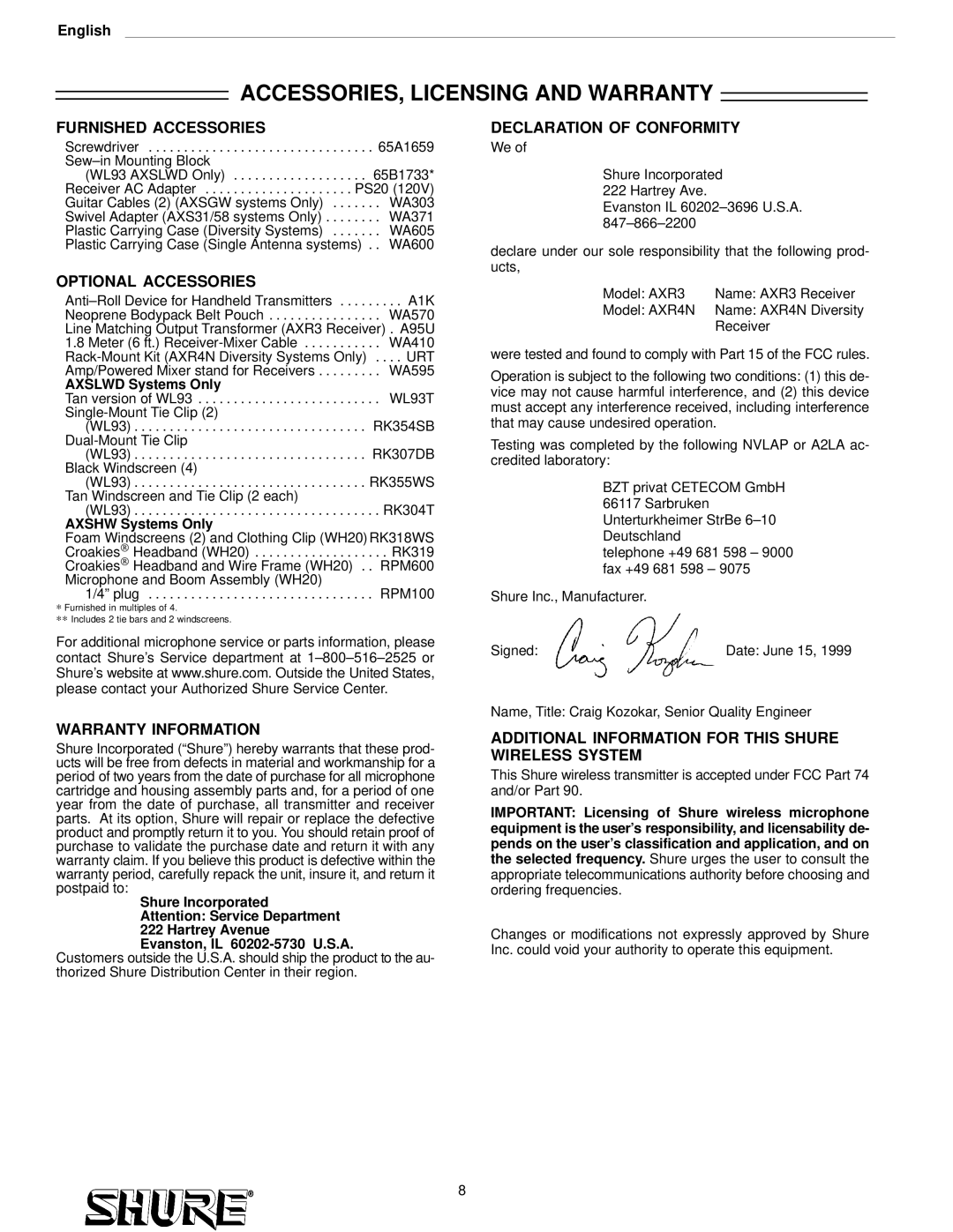 Shure AXS31, AXS58 setup guide ACCESSORIES, Licensing and Warranty 