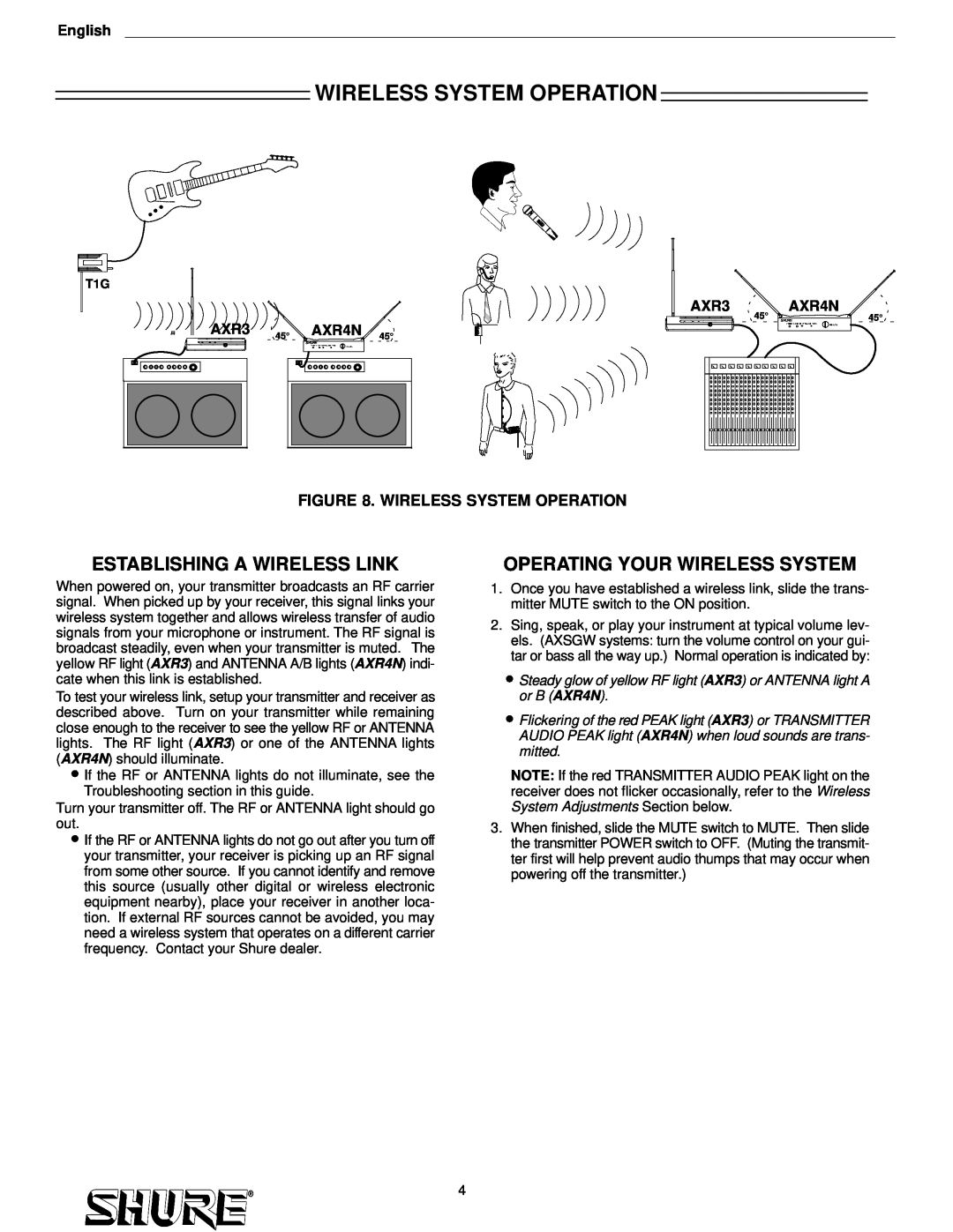 Shure AXS31 Establishing A Wireless Link, Operating Your Wireless System, AXR3 45 AXR4N, Wireless System Operation 