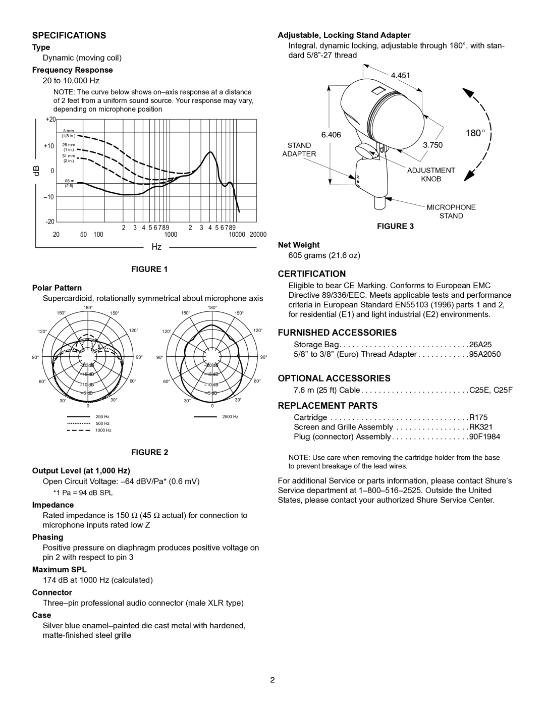 Shure BETA 52 manual Specifications, Certification, Furnished Accessories, Optional Accessories, Replacement Parts 