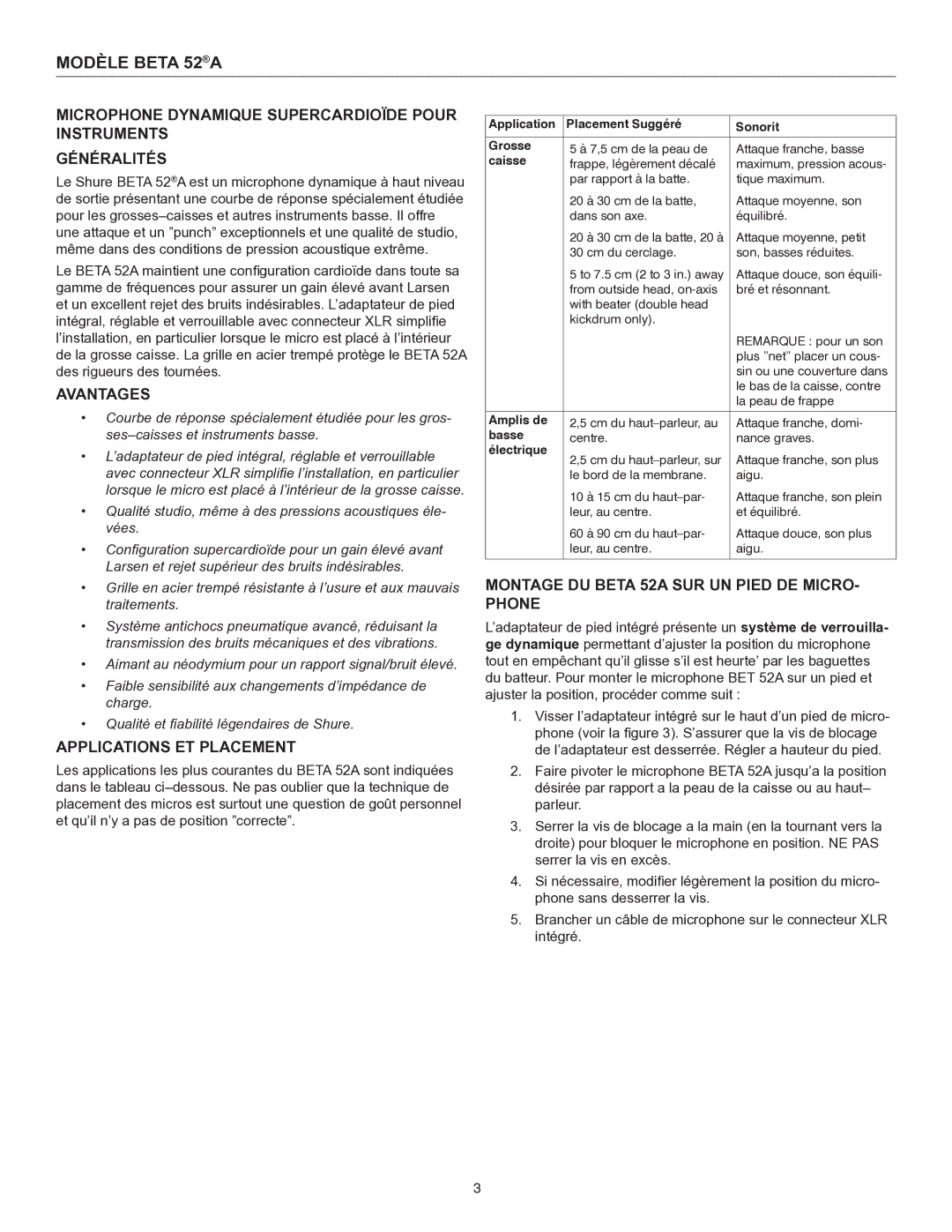 Shure BETA 52 manual Avantages, Applications ET Placement, Montage DU Beta 52A SUR UN Pied DE MICRO- Phone 