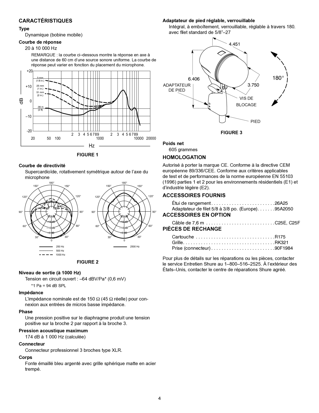 Shure BETA 52 manual Caractéristiques, Homologation, Accessoires Fournis, Accessoires EN Option, Pièces DE Rechange 