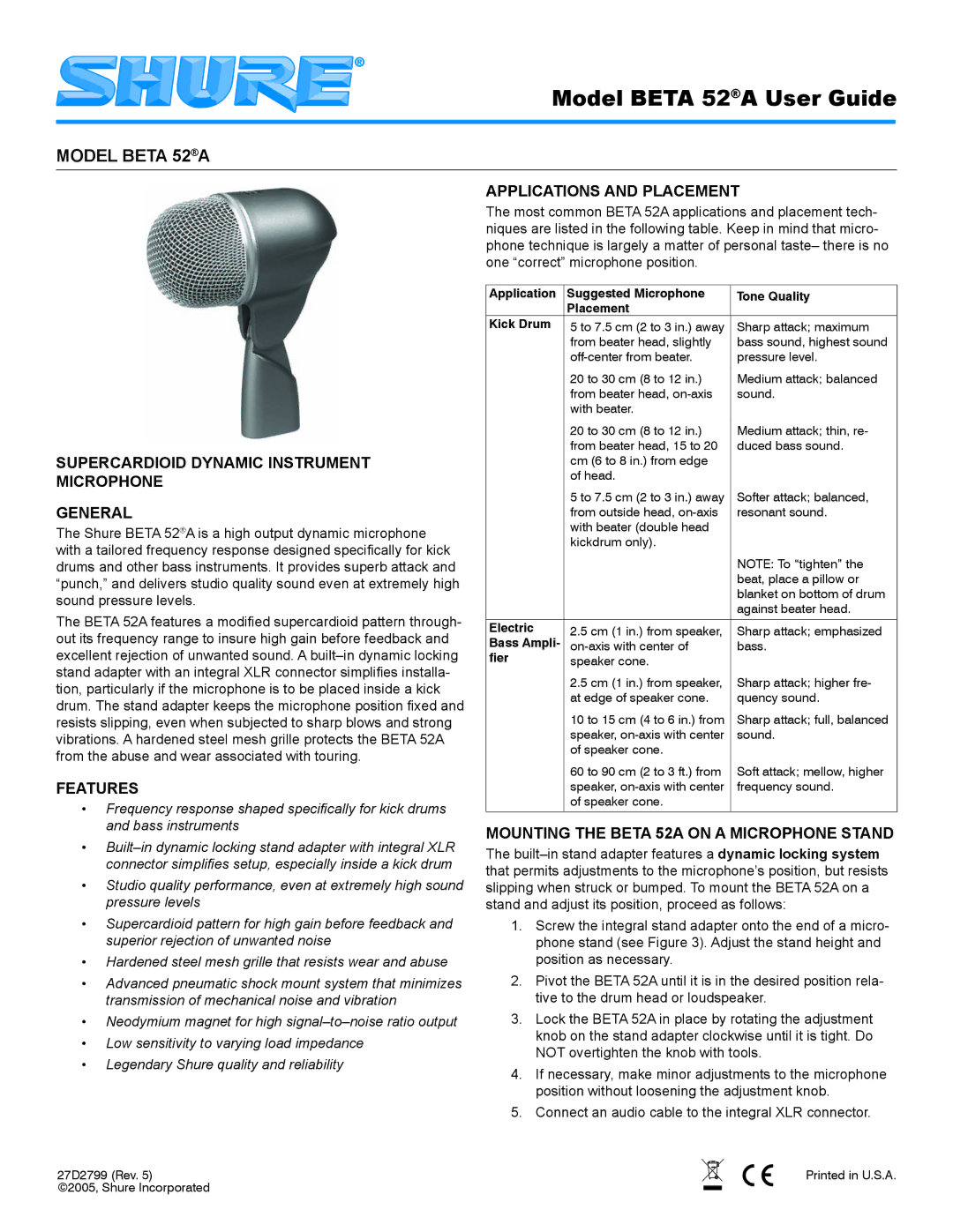 Shure manual Model Beta 52A, Supercardioid Dynamic Instrument Microphone General, Features, Applications and Placement 