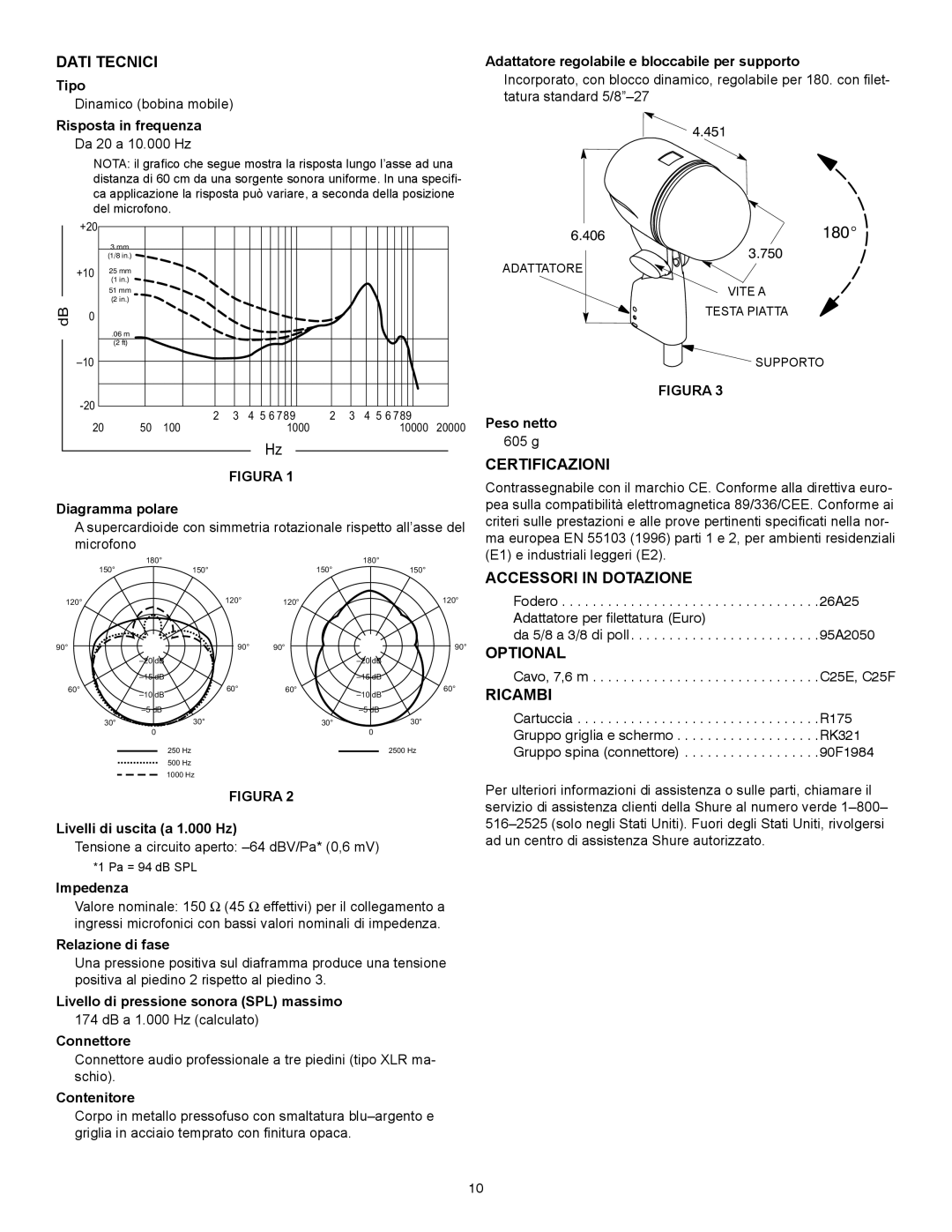 Shure Beta 52A manual Dati Tecnici, Certificazioni, Accessori in Dotazione, Optional, Ricambi 