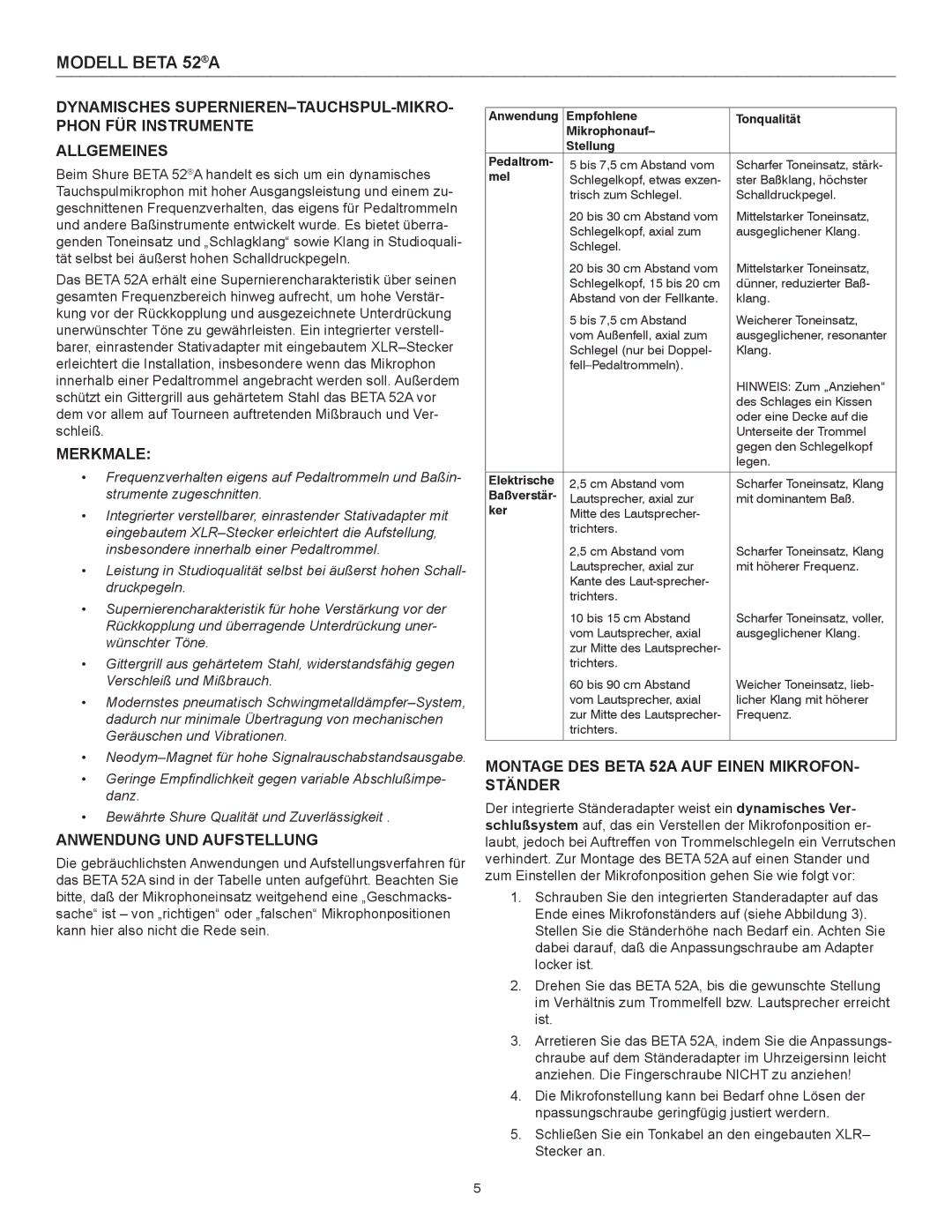 Shure manual Modell Beta 52A, Merkmale, Anwendung UND Aufstellung, Montage DES Beta 52A AUF Einen MIKROFON- Ständer 