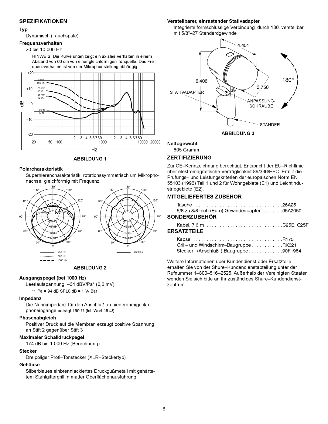 Shure Beta 52A manual Spezifikationen, Zertifizierung, Mitgeliefertes Zubehör, Sonderzubehör, Ersatzteile 