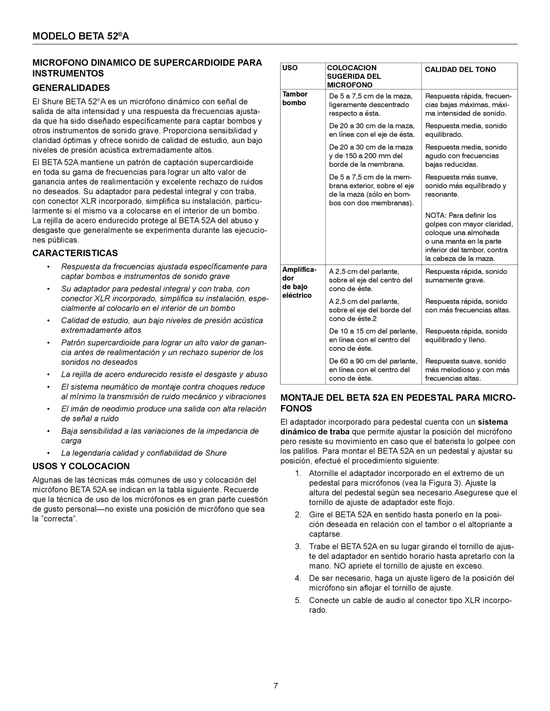 Shure manual Modelo Beta 52A, Caracteristicas, Usos Y Colocacion, Montaje DEL Beta 52A EN Pedestal Para MICRO- Fonos 